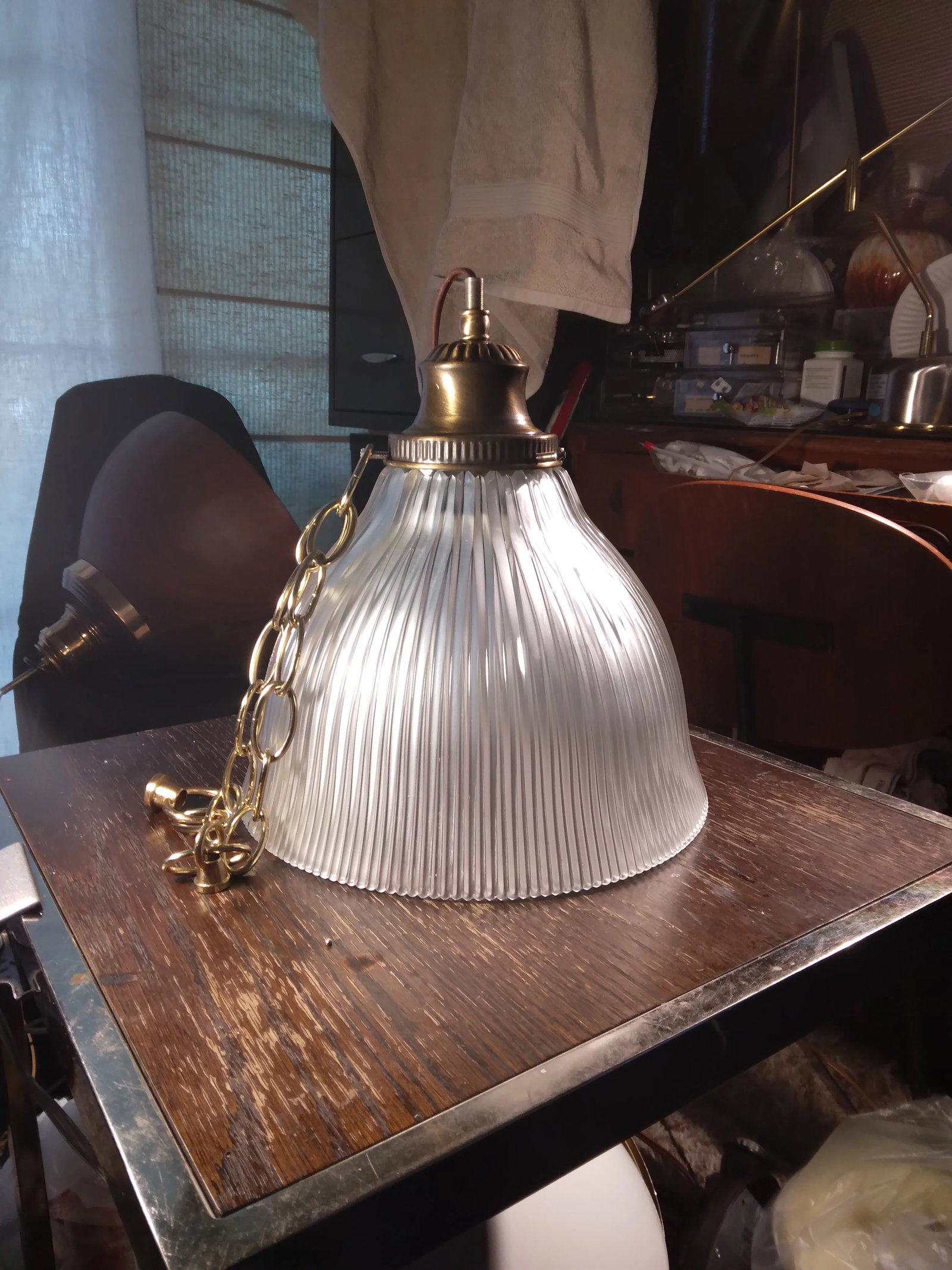 1970s Large Holophane and Brass Pendant Light - 8