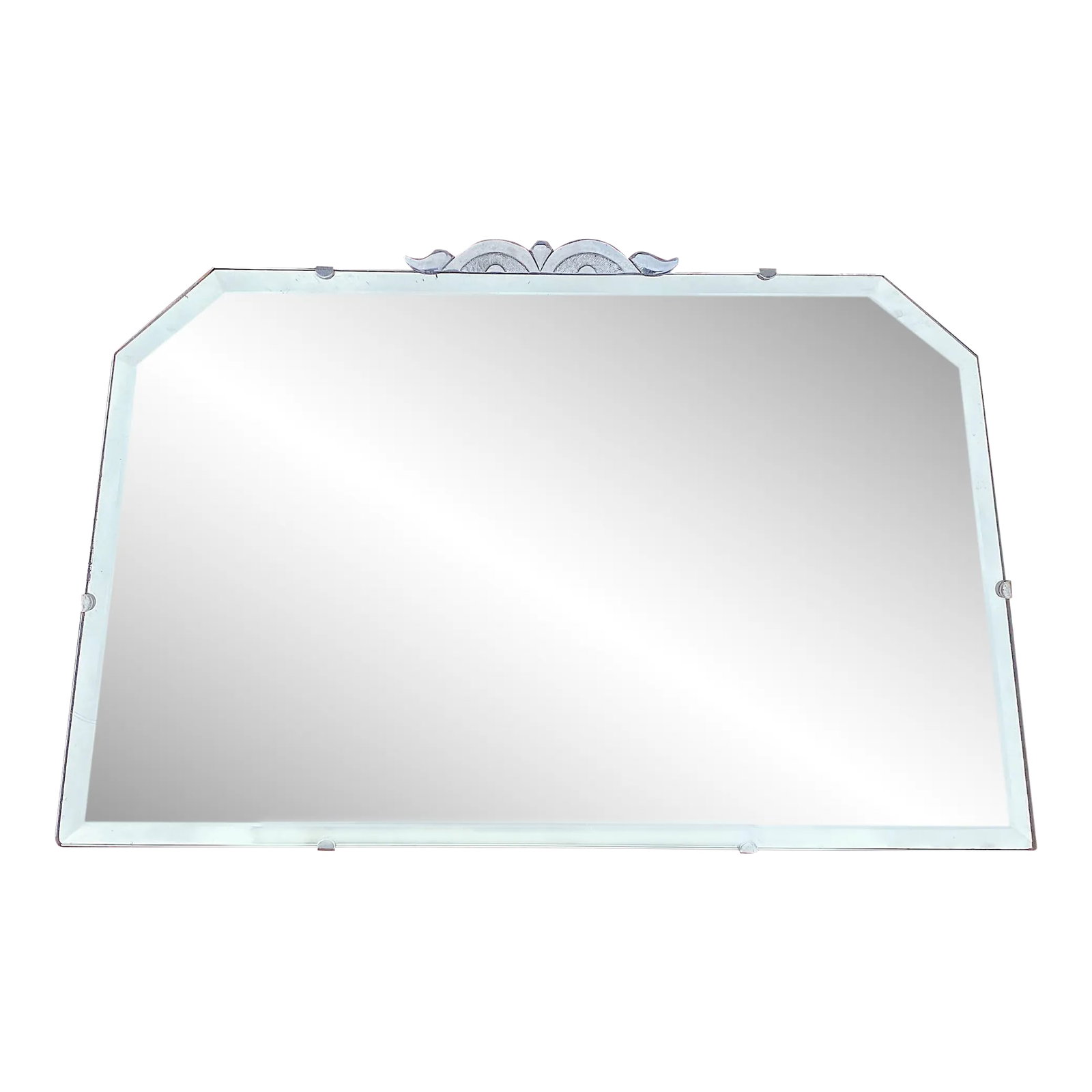 Art Deco Frameless Mirror: This mirror has a beautiful crest on top with some patina under the glass. Glass pain itself is hardly aged with very little patina and some very light marks on it. Minor marks and the most beautiful 