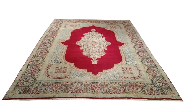 Vintage Persian Kerman Rug - 9x12: Vintage Persian Kerman Hand Made Knotted Rug - Infuse a touch of beauty to high-traffic areas of your home with this durable Persian Kerman rug in colors of red, antique white, yellow, blue, white.