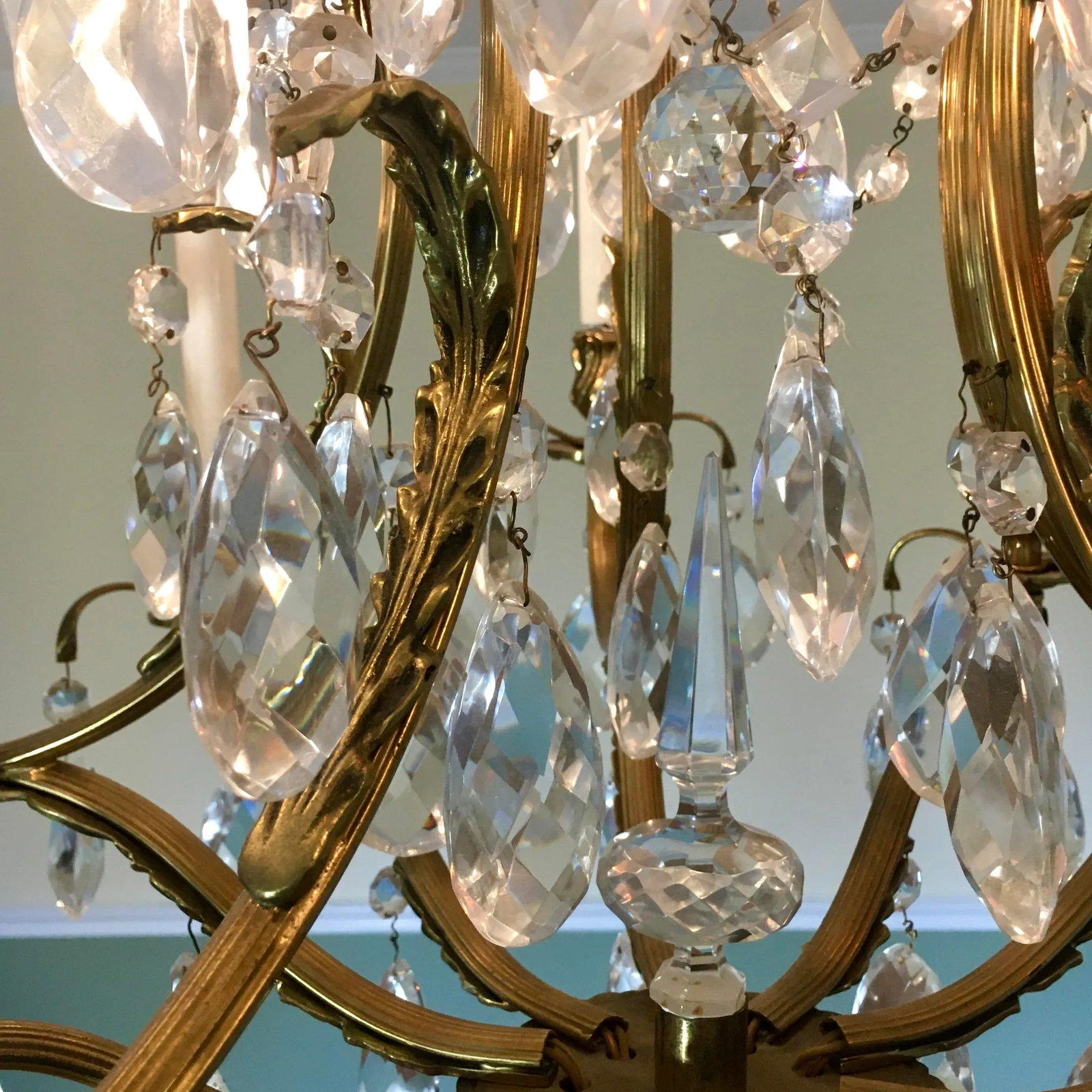 Swedish 1960s 10 Light Brass + Crystal Large Chandelier - 10