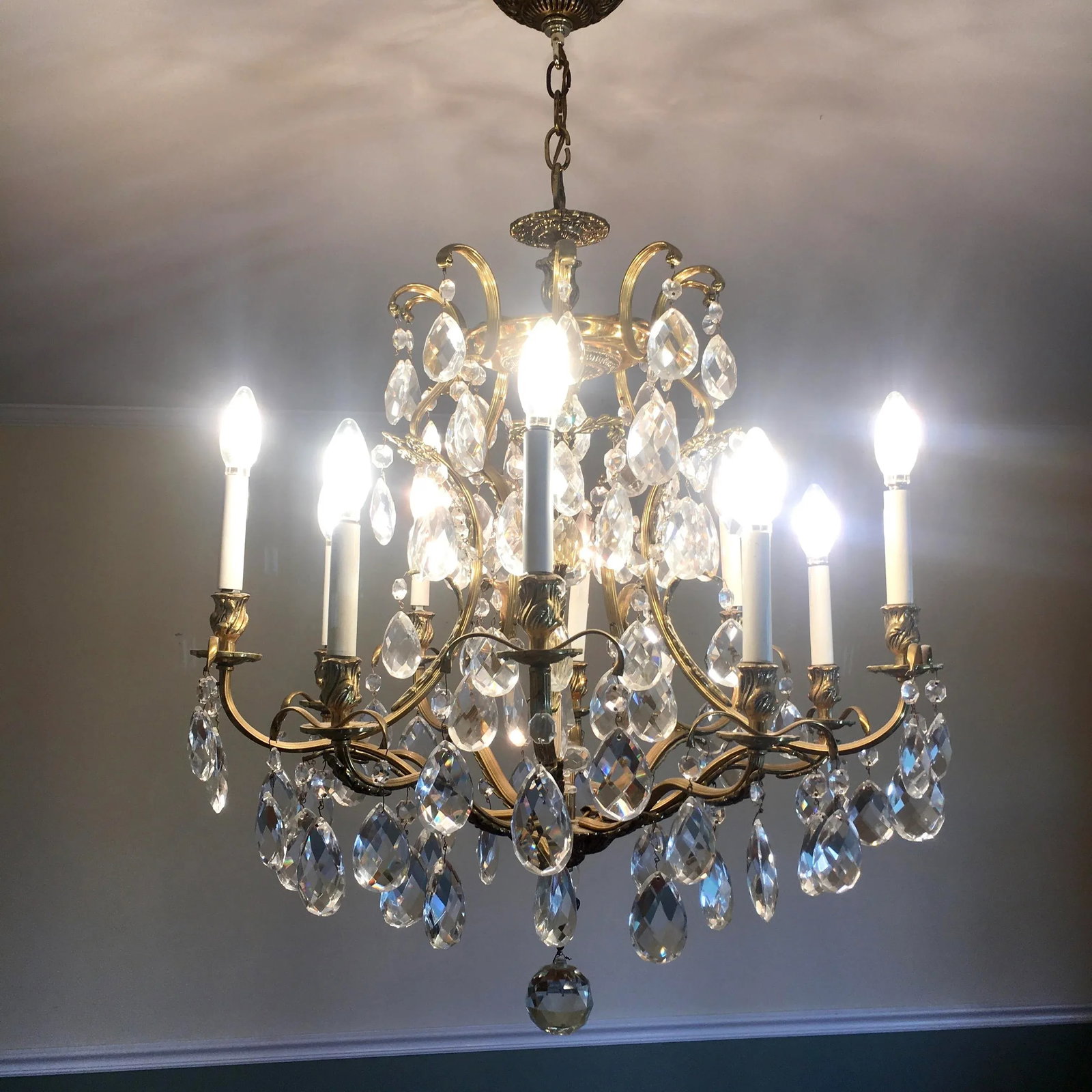 Swedish 1960s 10 Light Brass + Crystal Large Chandelier - 11