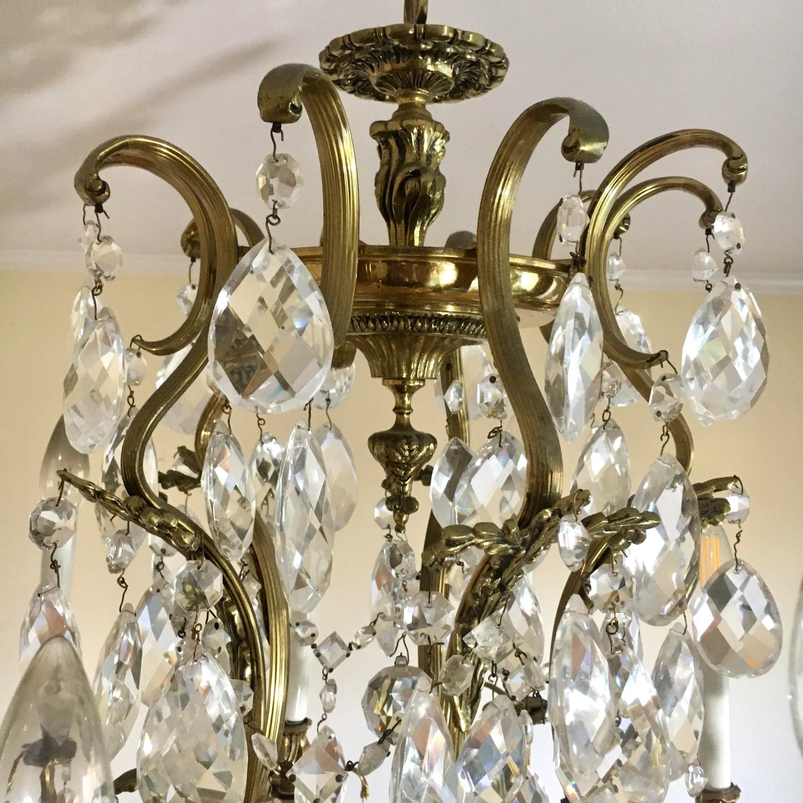 Swedish 1960s 10 Light Brass + Crystal Large Chandelier - 2
