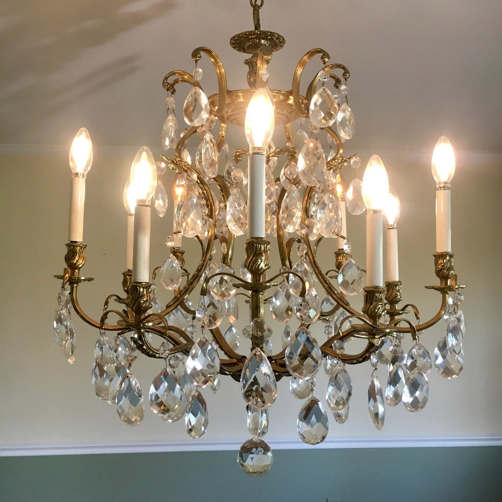 Swedish 1960s 10 Light Brass + Crystal Large Chandelier - 3