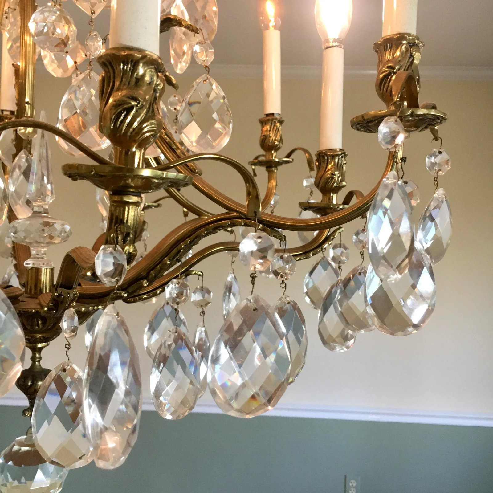 Swedish 1960s 10 Light Brass + Crystal Large Chandelier - 4