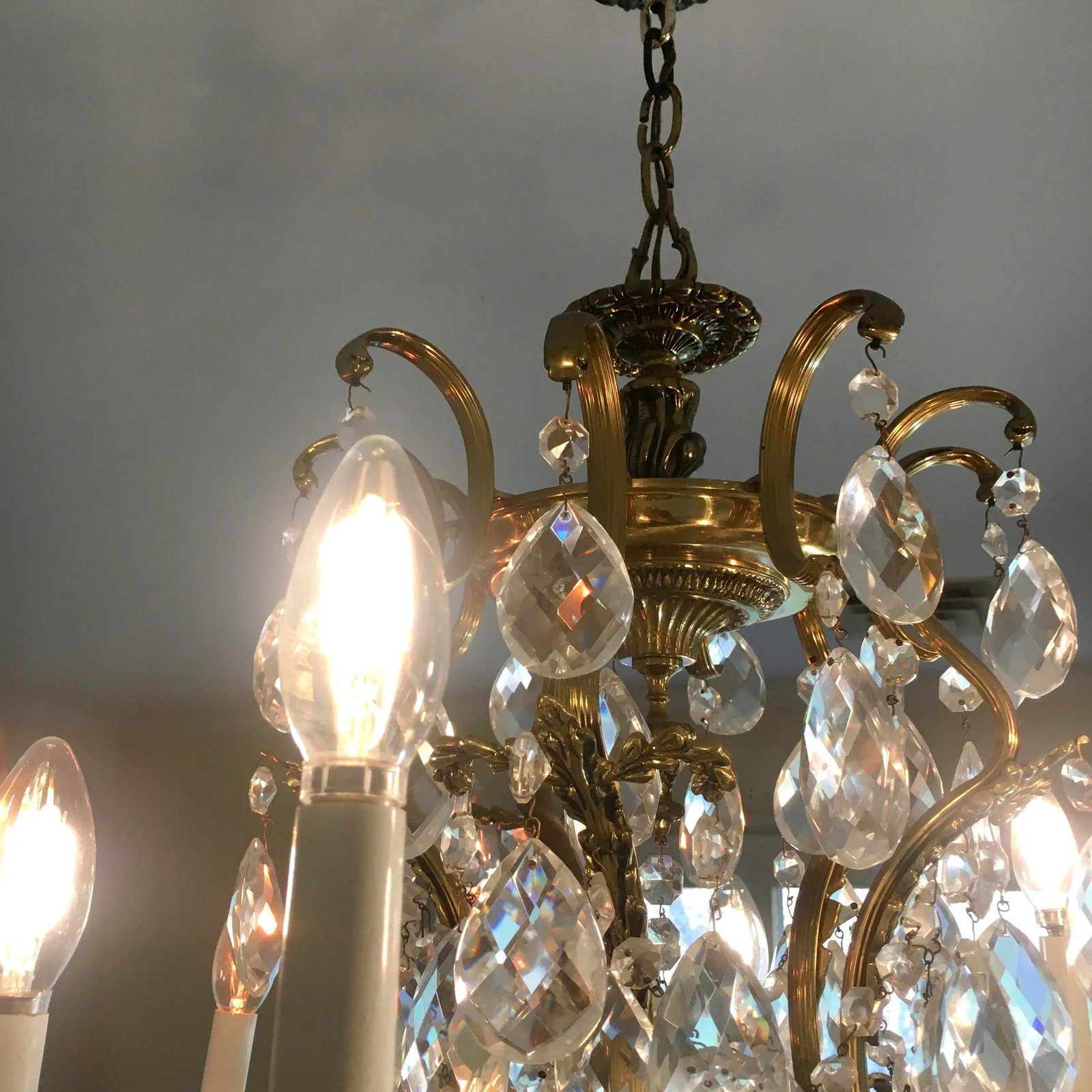 Swedish 1960s 10 Light Brass + Crystal Large Chandelier - 5