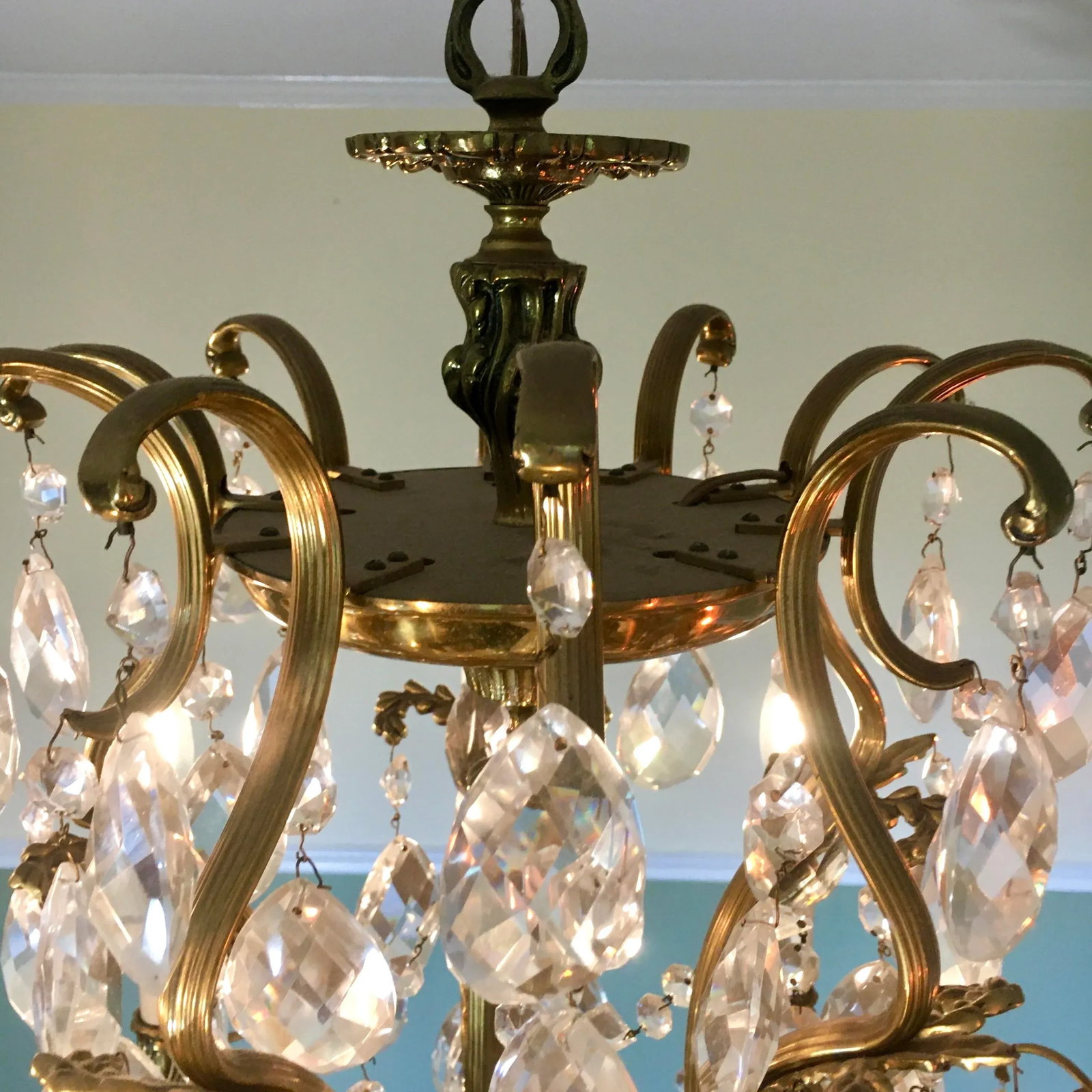Swedish 1960s 10 Light Brass + Crystal Large Chandelier - 6