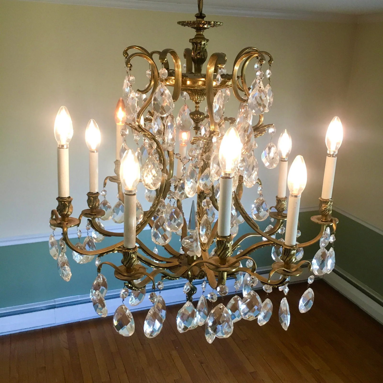 Swedish 1960s 10 Light Brass + Crystal Large Chandelier - 8
