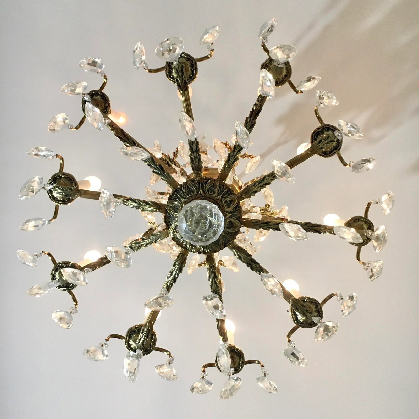 Swedish 1960s 10 Light Brass + Crystal Large Chandelier - 9
