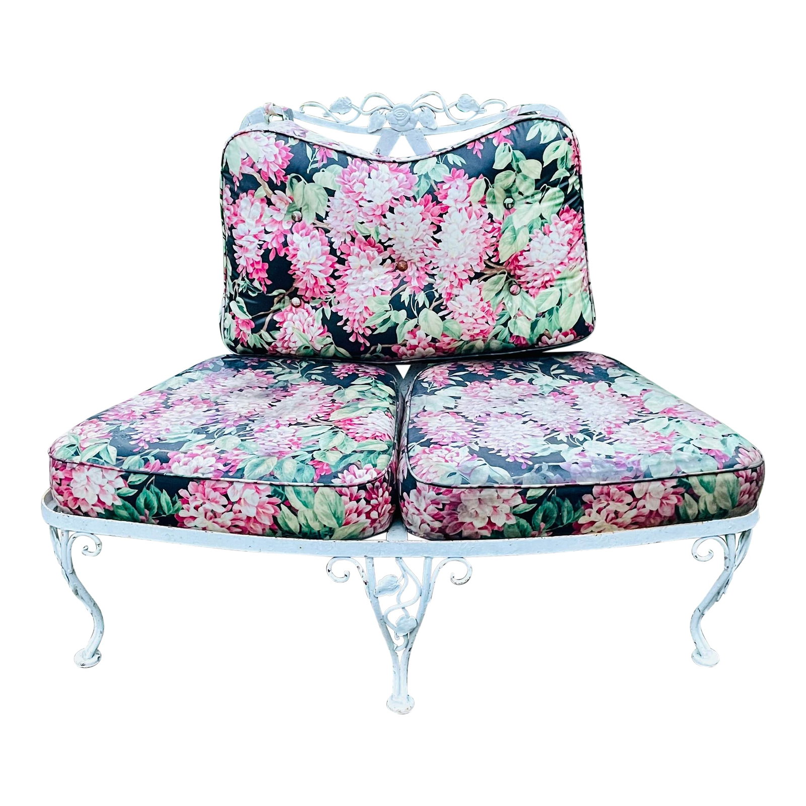 Vintage Woodard Wrought Iron Outdoor Patio Furniture Sectional Piece: Vintage Woodard Wrought Iron Outdoor Patio Furniture Rare Sectional Piece A Beautiful Vintage Woodard Special Edition Sectional Piece with Original Floral Pink, Green, and Black Vinyl Cushions