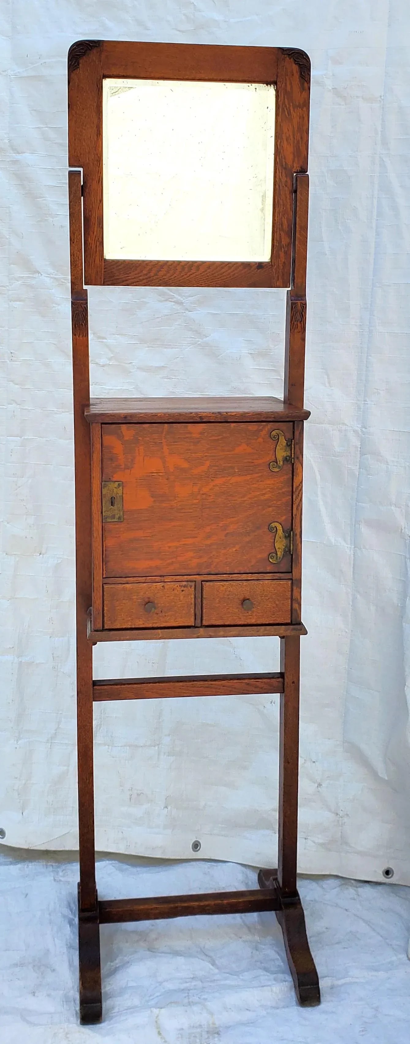 Antique Arts & Crafts Tiger Oak Shaving Stand With Adjustable Mirror Circa 1910s - 13