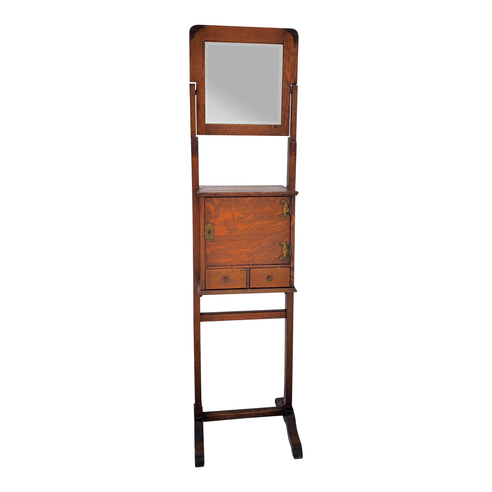 Antique Arts & Crafts Tiger Oak Shaving Stand With Adjustable Mirror Circa 1910s: Beautiful American Arts & Crafts shaving stand with fabulous tiger or quarter sawn oak, nice hammered hardware, and an adjustable tilt mirror. Larger middle storage compartment with 2 small lower