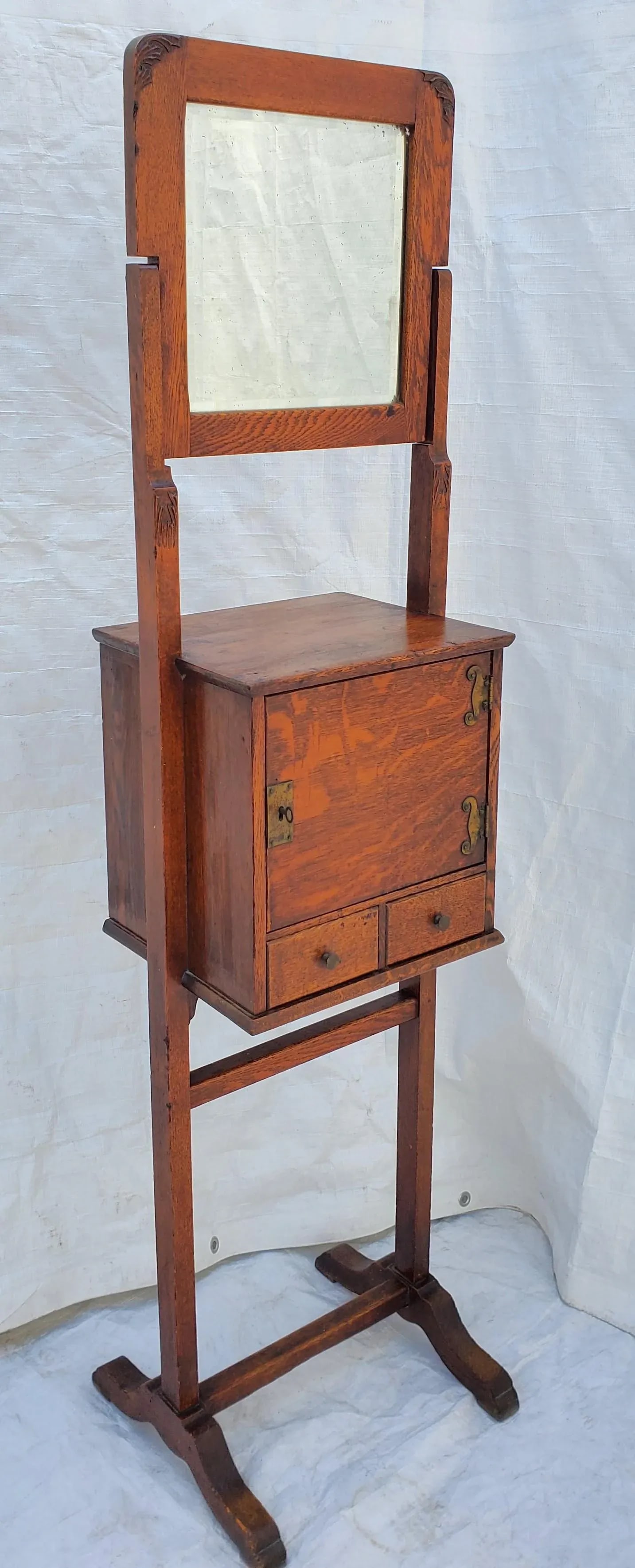 Antique Arts & Crafts Tiger Oak Shaving Stand With Adjustable Mirror Circa 1910s - 2