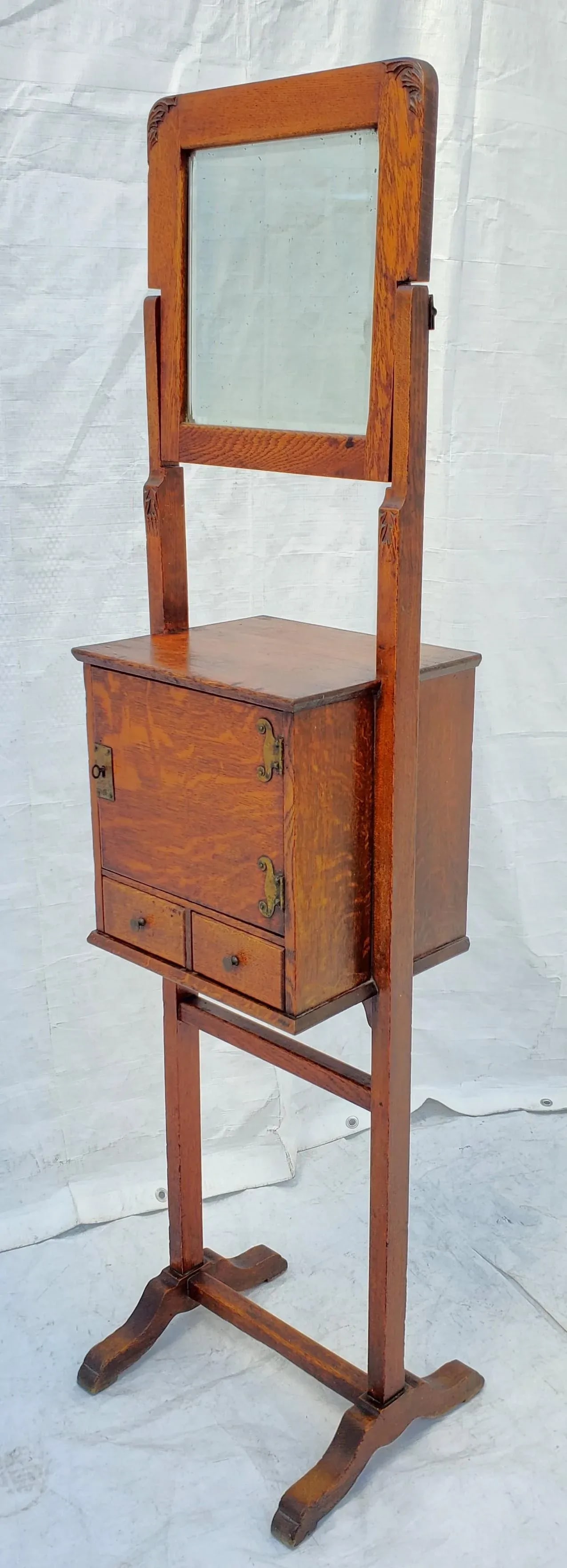Antique Arts & Crafts Tiger Oak Shaving Stand With Adjustable Mirror Circa 1910s - 3