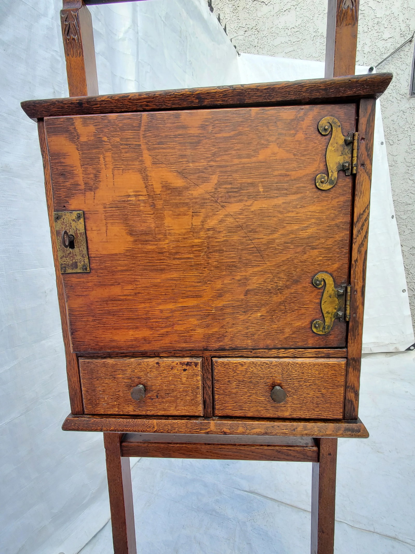 Antique Arts & Crafts Tiger Oak Shaving Stand With Adjustable Mirror Circa 1910s - 4