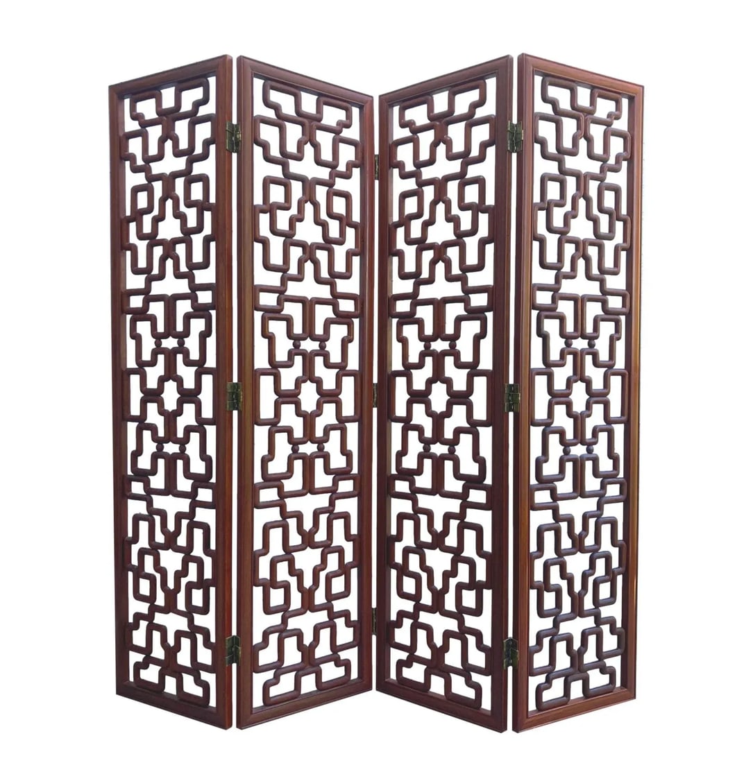 Chinese Mid-Century Huanghuali Rosewood Fretwork Four Panel Screen - 13