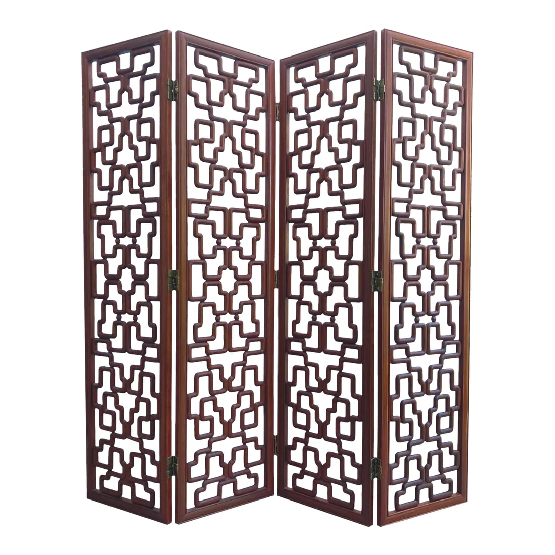 Chinese Mid-Century Huanghuali Rosewood Fretwork Four Panel Screen: Chinese screen made from rosewood (huanghuali) consisting of four panels with bi-directional hinges, c.1950-60's. Beautiful open fretwork with stylized modern Asian pattern. Each panel measures 18"