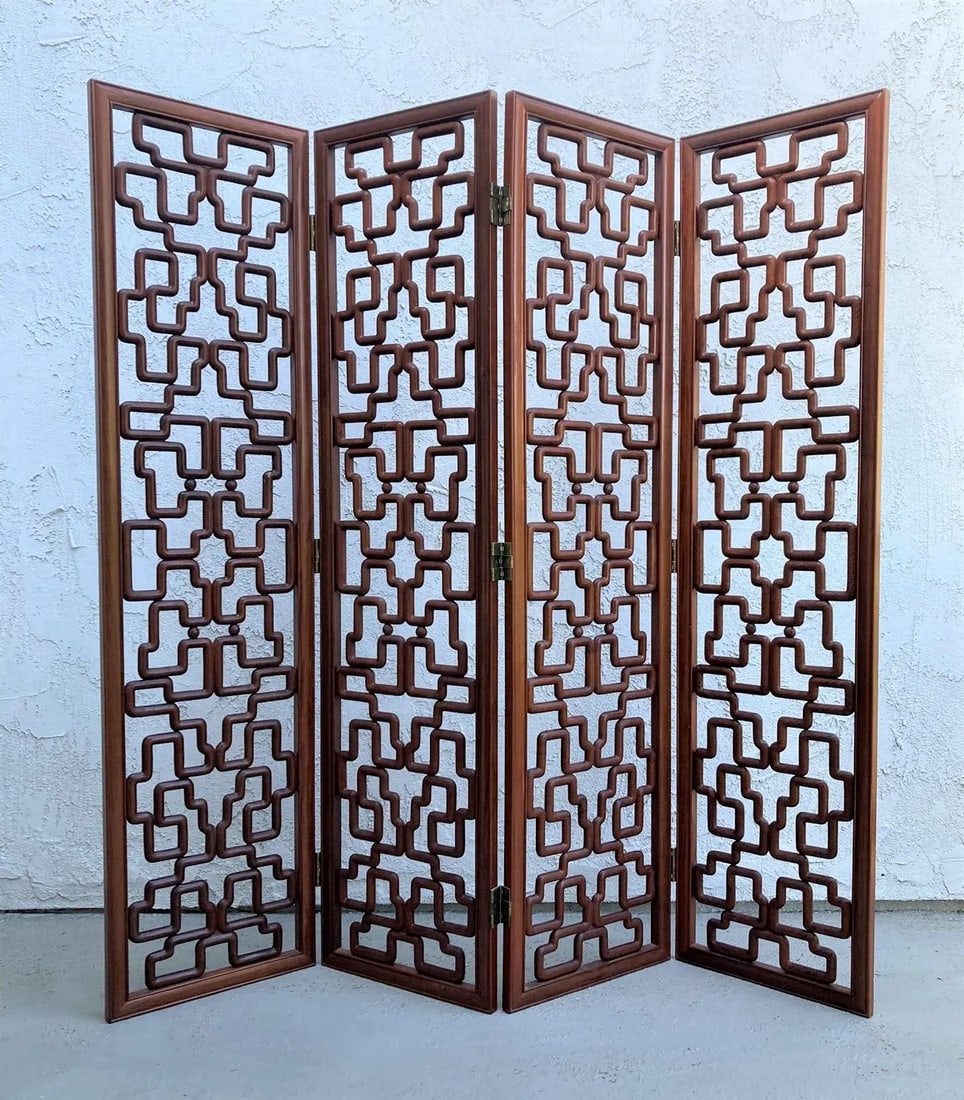 Chinese Mid-Century Huanghuali Rosewood Fretwork Four Panel Screen - 2