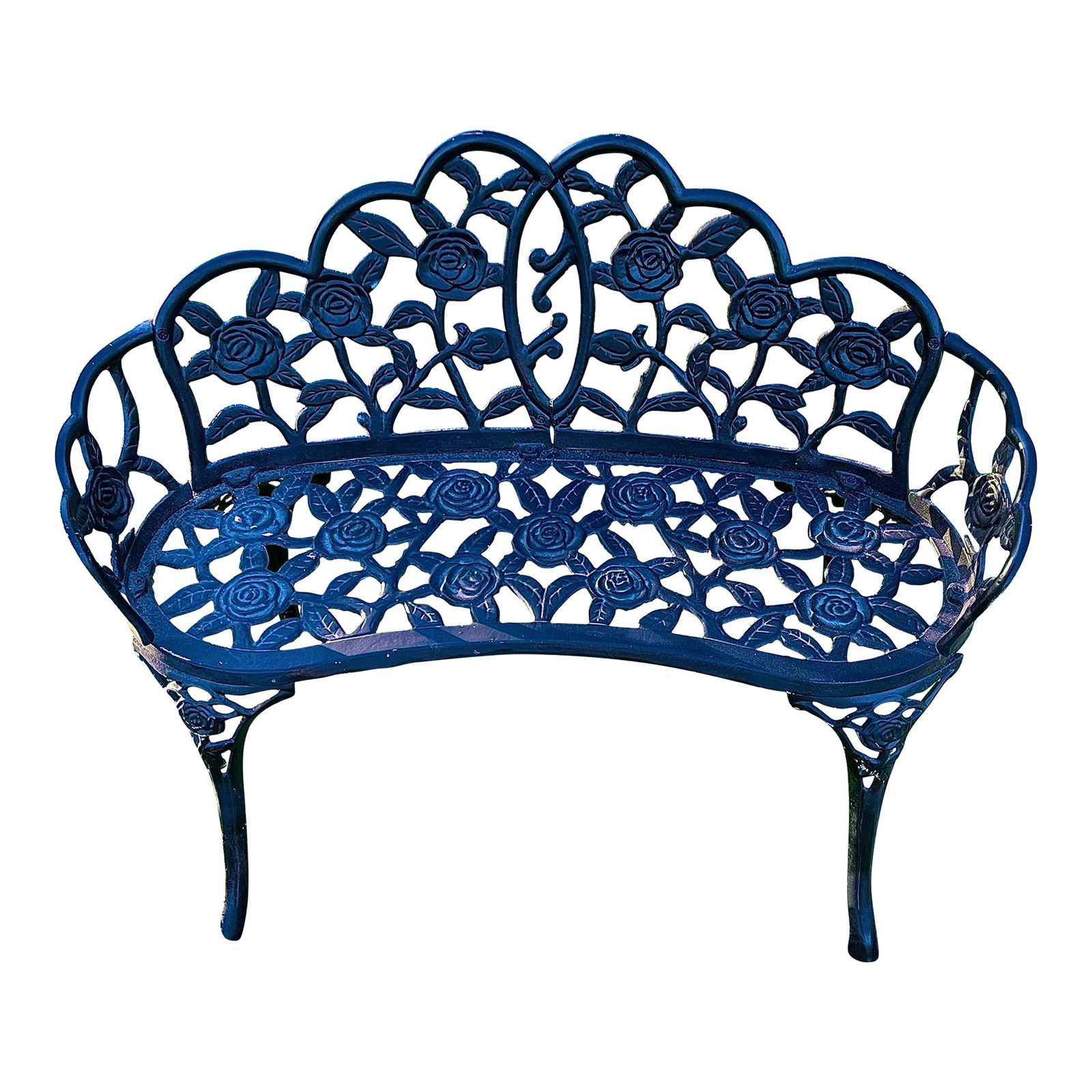 Late 20th Century Cast Iron Rose Floral Form Garden Bench: An vintage garden bench made of cast iron with rose flowers scalloped back. Raised on cabriole legs. Measures: 30.5" H x 37.75" W x 20.75" D. Seat: 16.5" h Condition: Alterations: Original Condition