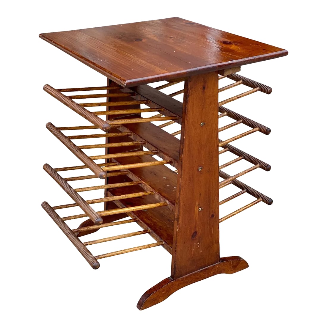 Vintage Farmhouse Pine Turned Spindle Magazine Record Rack Holder: Vintage Farmhouse Turned Pine Spindle Magazine Record Holder Rack, c. Mid 20th Century - Pairs Nicely with Many Interior Styles - Crafted of Solid Pine with a Drastic Grain Throughout - 4 Turned