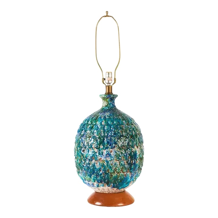 Large Mid-Century Ceramic Lava Round Body Table Lamp: Impressively large mid-century modern fat lava glazed ceramic table lamp. Molten-like blue glaze with with green and white accents with glimpses of unglazed brown stoneware body visible in the