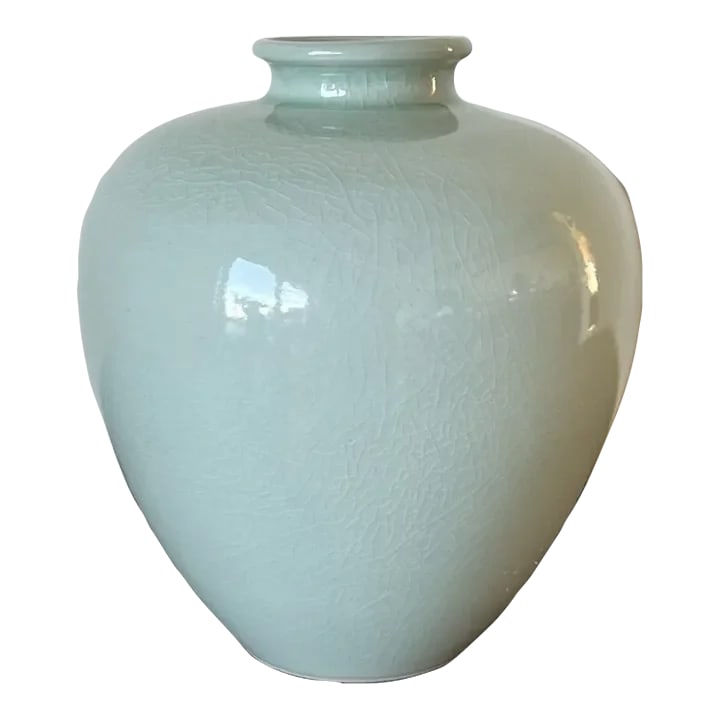 Mid-Century Asian Porcelain Vase in Celadon Glaze With Crazing, Signed: Mid-Century Asian Vase in Celadon Glaze with Crazing, signed Made in Thailand Measures approx: 9H x 8D Please visit my other listings for more curated treasures. Condition: Alterations: Original