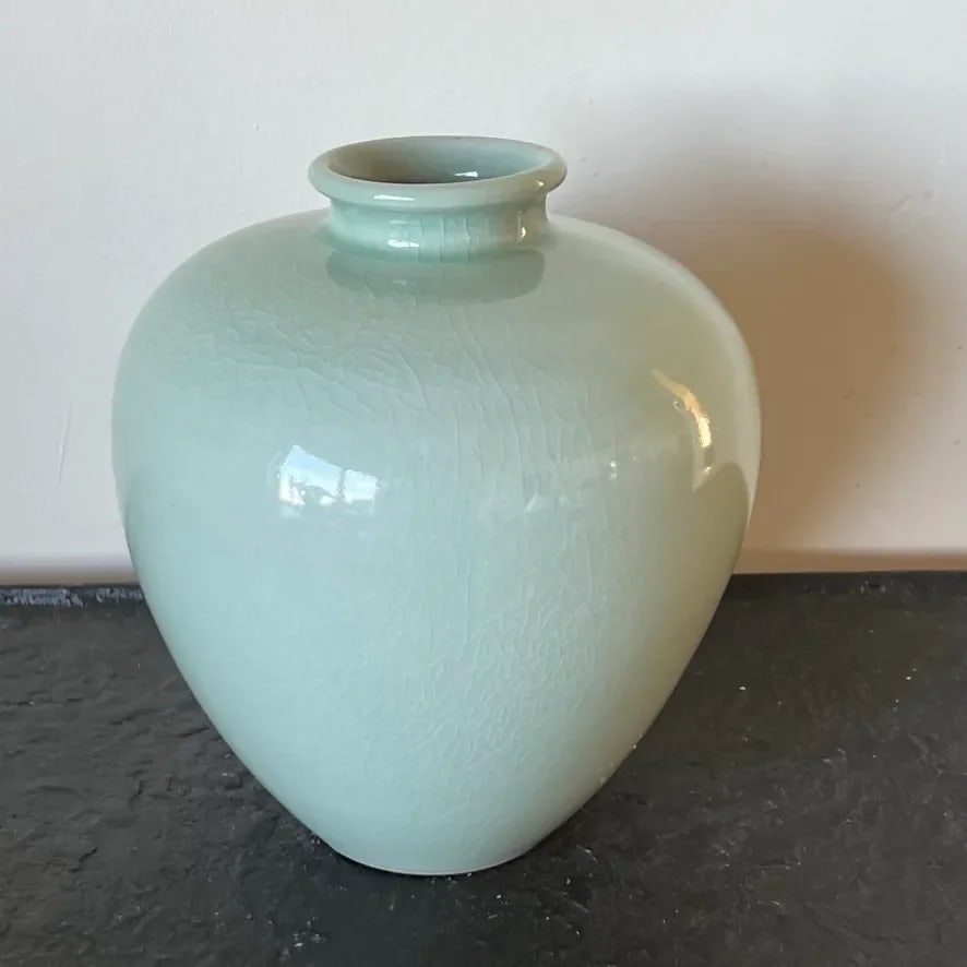 Mid-Century Asian Porcelain Vase in Celadon Glaze With Crazing, Signed - 2