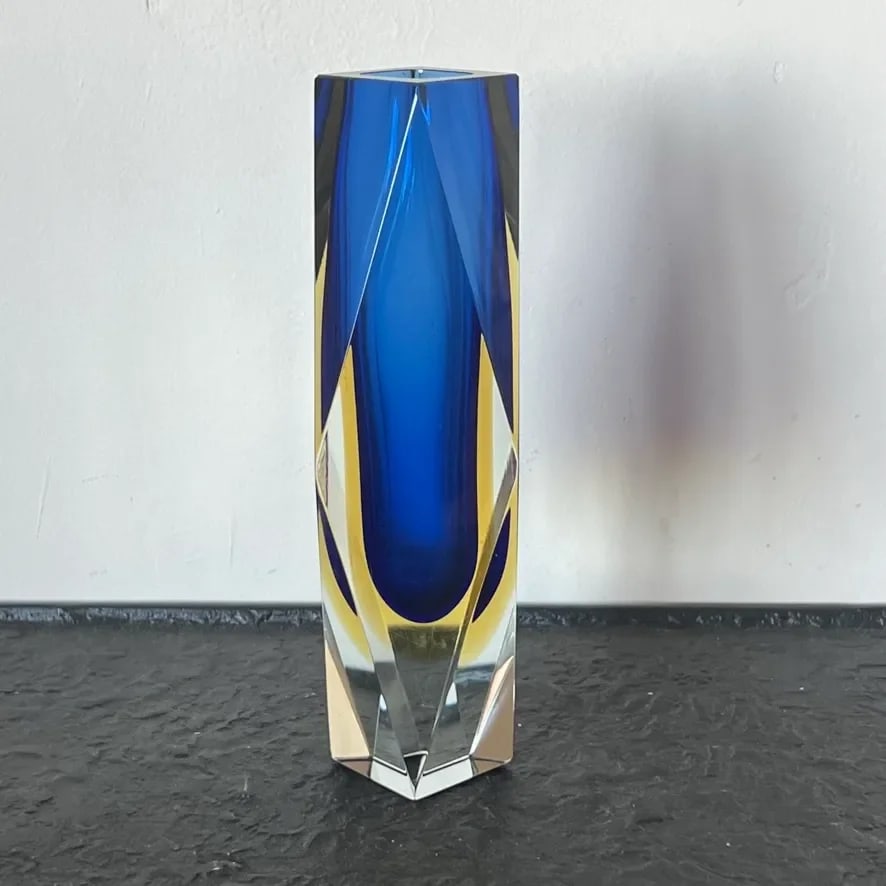 Vintage Murano Sommerso Glass Vase With Geometric Cut Edges in Blue and Yellow - 10