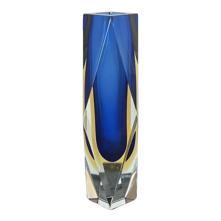 Vintage Murano Sommerso Glass Vase With Geometric Cut Edges in Blue and Yellow: Vintage Murano Sommerso Glass Vase with Geometric Cut Edges in Blue and Yellow Measures approx: 10H x 4D Please visit my other listings for more curated treasures. Condition: Alterations: Original