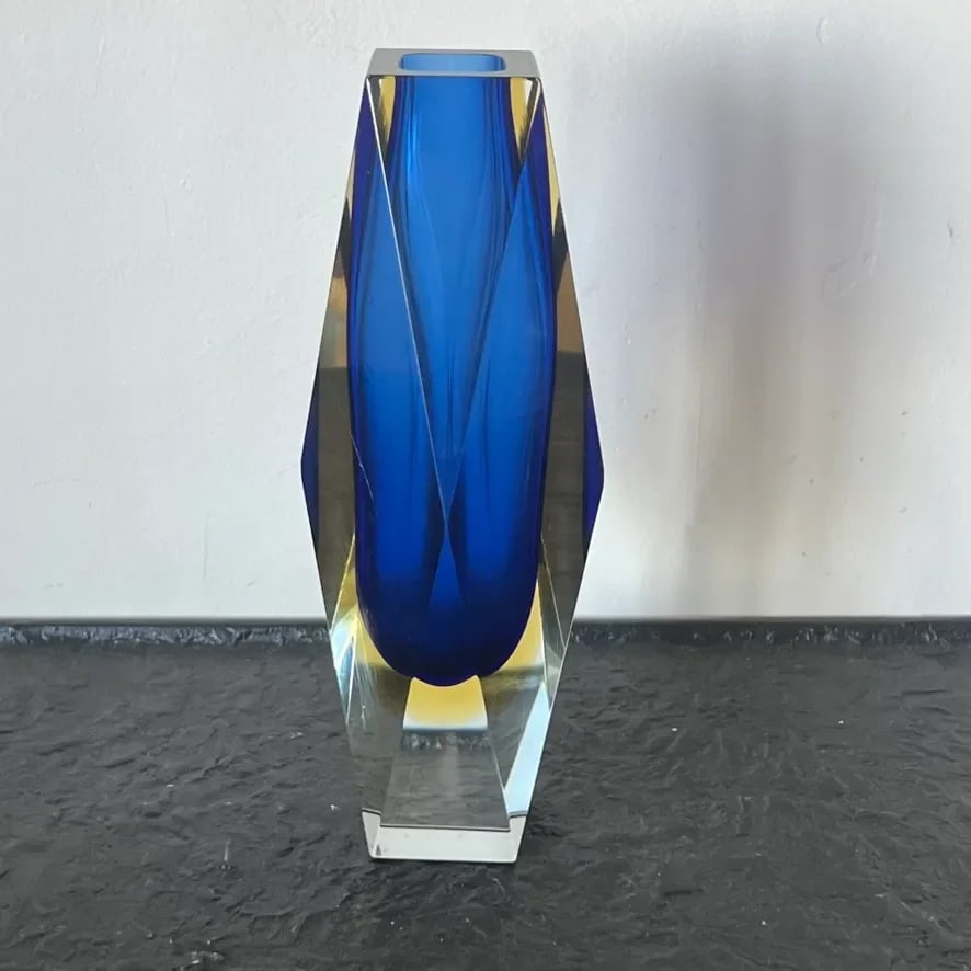 Vintage Murano Sommerso Glass Vase With Geometric Cut Edges in Blue and Yellow - 5