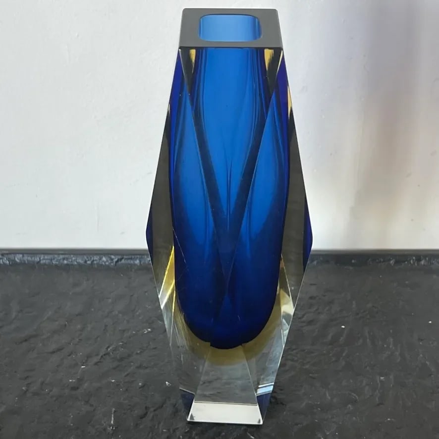 Vintage Murano Sommerso Glass Vase With Geometric Cut Edges in Blue and Yellow - 6