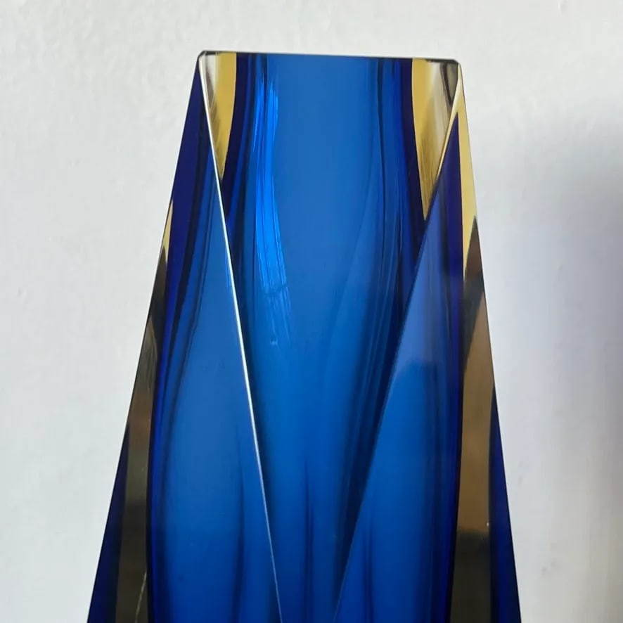 Vintage Murano Sommerso Glass Vase With Geometric Cut Edges in Blue and Yellow - 8