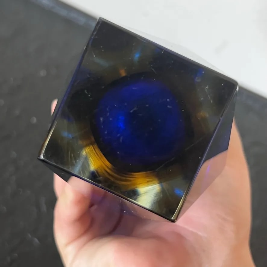 Vintage Murano Sommerso Glass Vase With Geometric Cut Edges in Blue and Yellow - 9