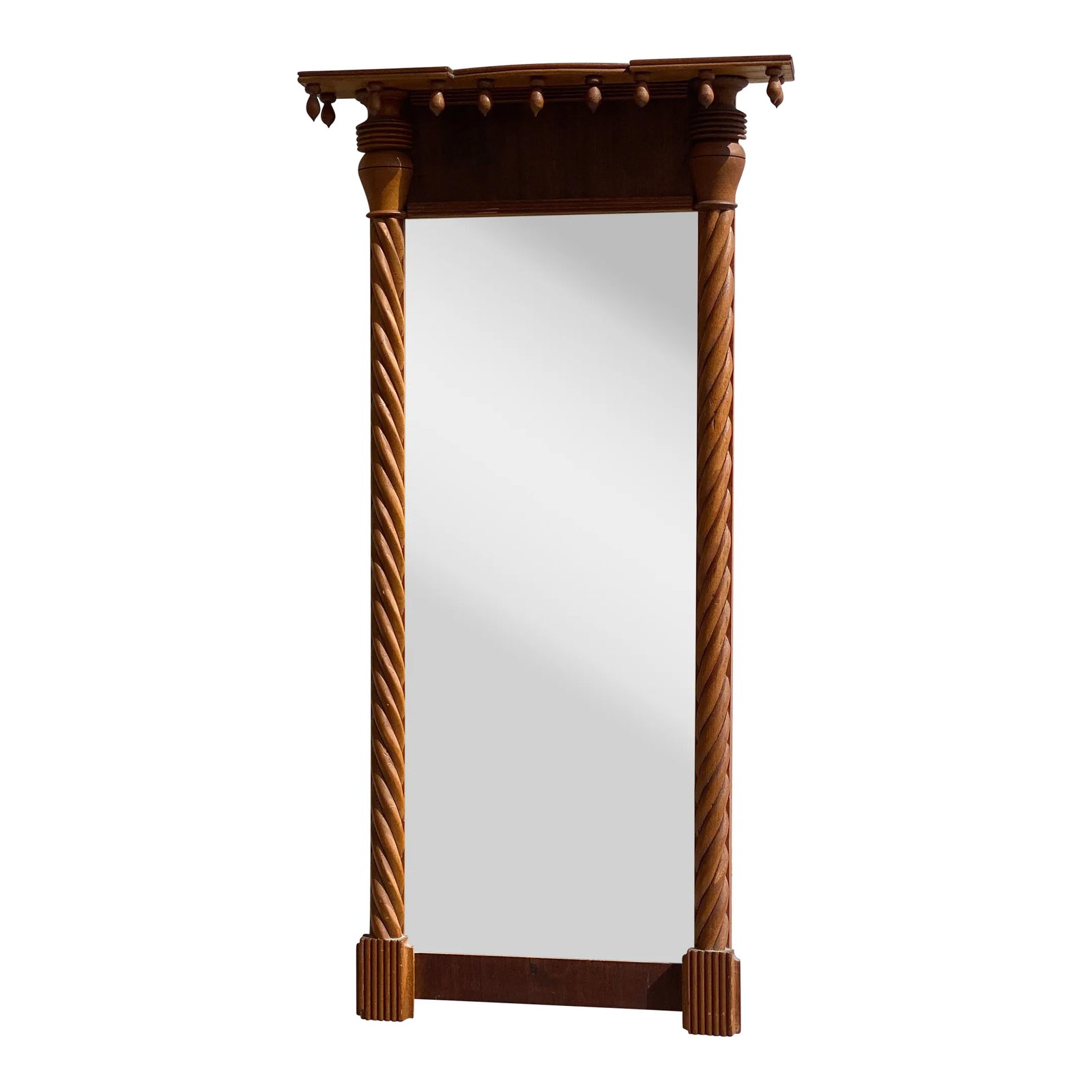 Antique Federal Mirror With Barley Twist Columns, Early-Mid 19th Century: Antique Federal Mirror with Barley Twist Columns, Early-Mid 19th Century. Extended crest shelf with acorn detailing along the top. Elongated vertical mirror panel framed within carved barley twist