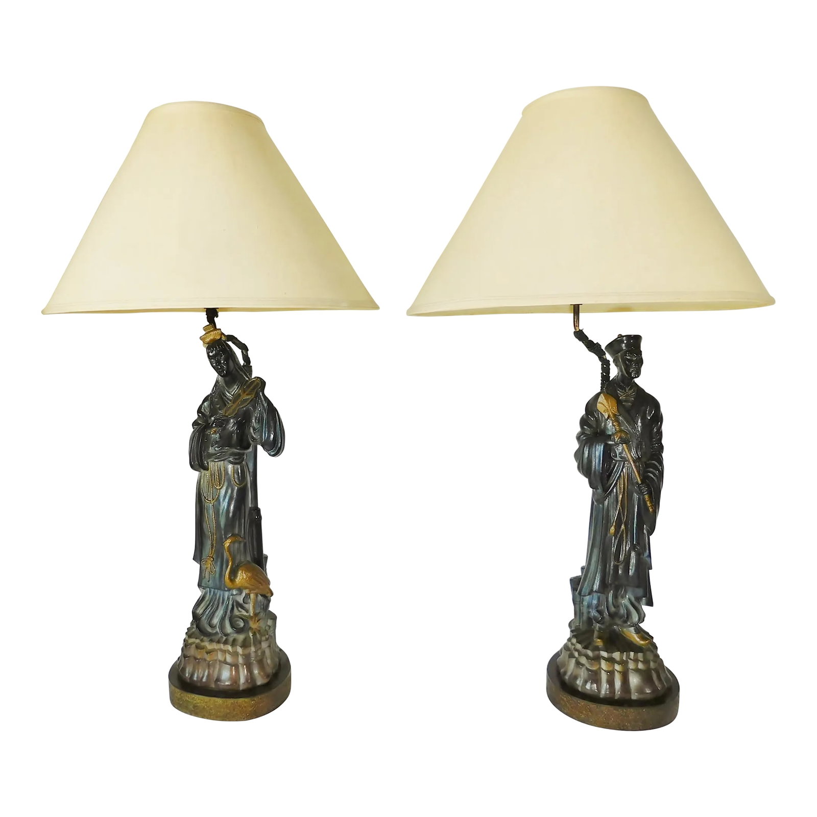 Large Pair Mid Century Asian Chinoiserie Figural Man Woman Table Lamps W/ Shades: Wonderful pair of vintage mid century Asian figural man & woman table lamps. The figures are very ornate and quite large. The girl is holding an instrument with a crane by her side. The man is