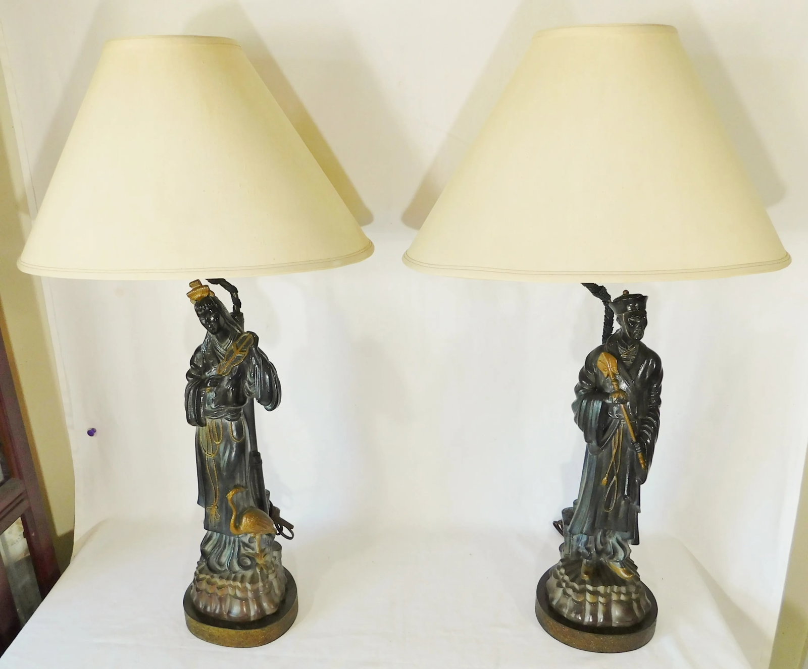 Large Pair Mid Century Asian Chinoiserie Figural Man Woman Table Lamps W/ Shades - 2