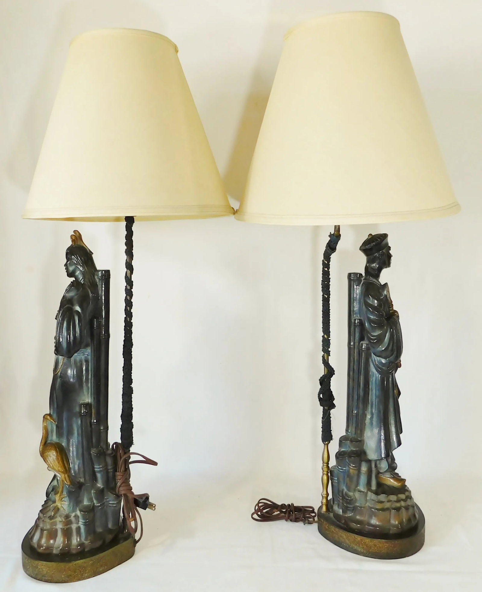 Large Pair Mid Century Asian Chinoiserie Figural Man Woman Table Lamps W/ Shades - 3