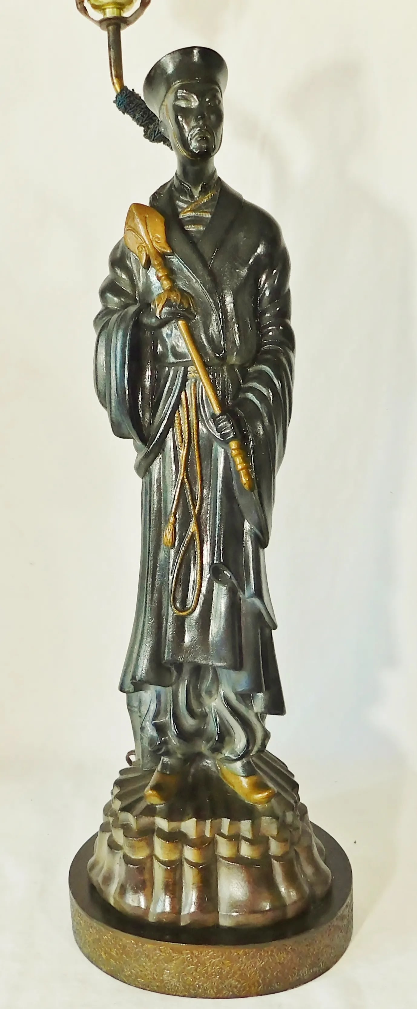 Large Pair Mid Century Asian Chinoiserie Figural Man Woman Table Lamps W/ Shades - 4