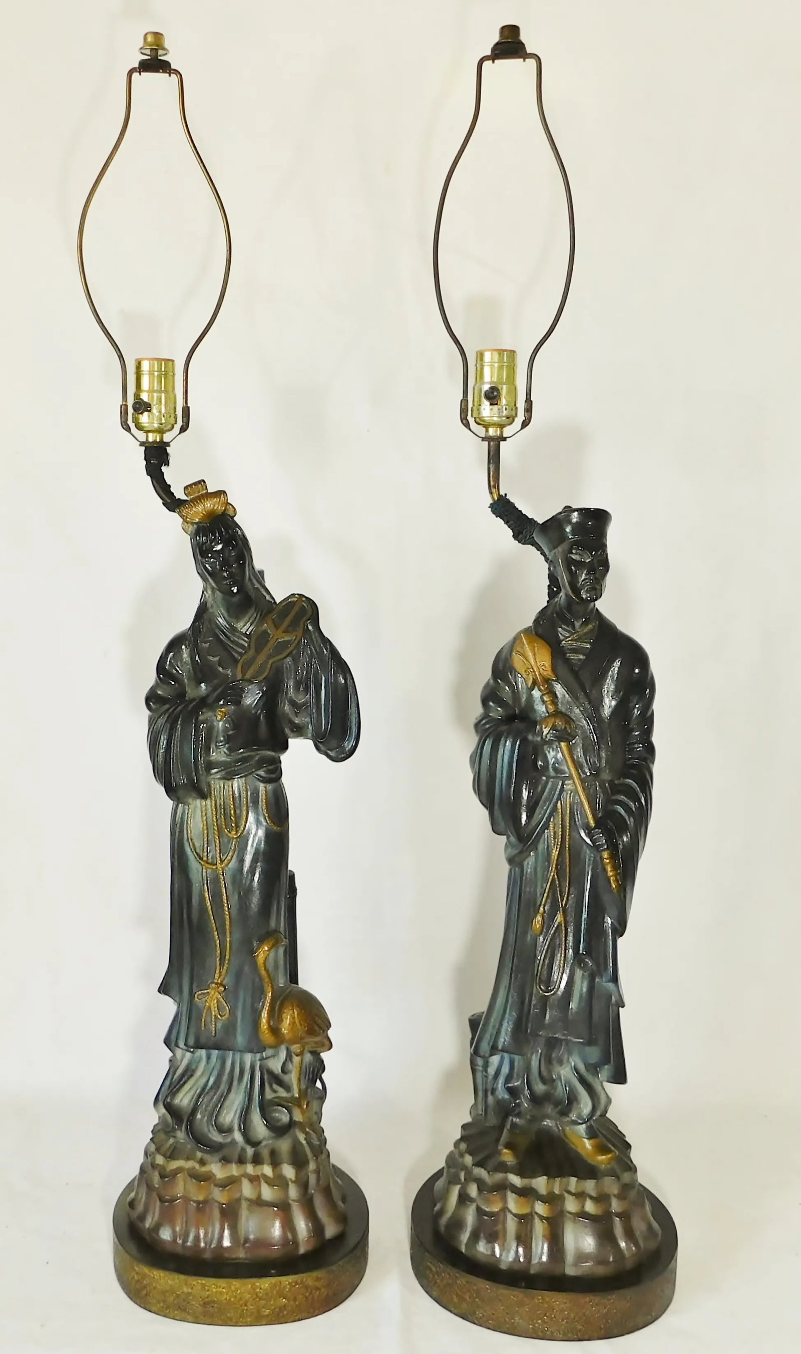 Large Pair Mid Century Asian Chinoiserie Figural Man Woman Table Lamps W/ Shades - 6