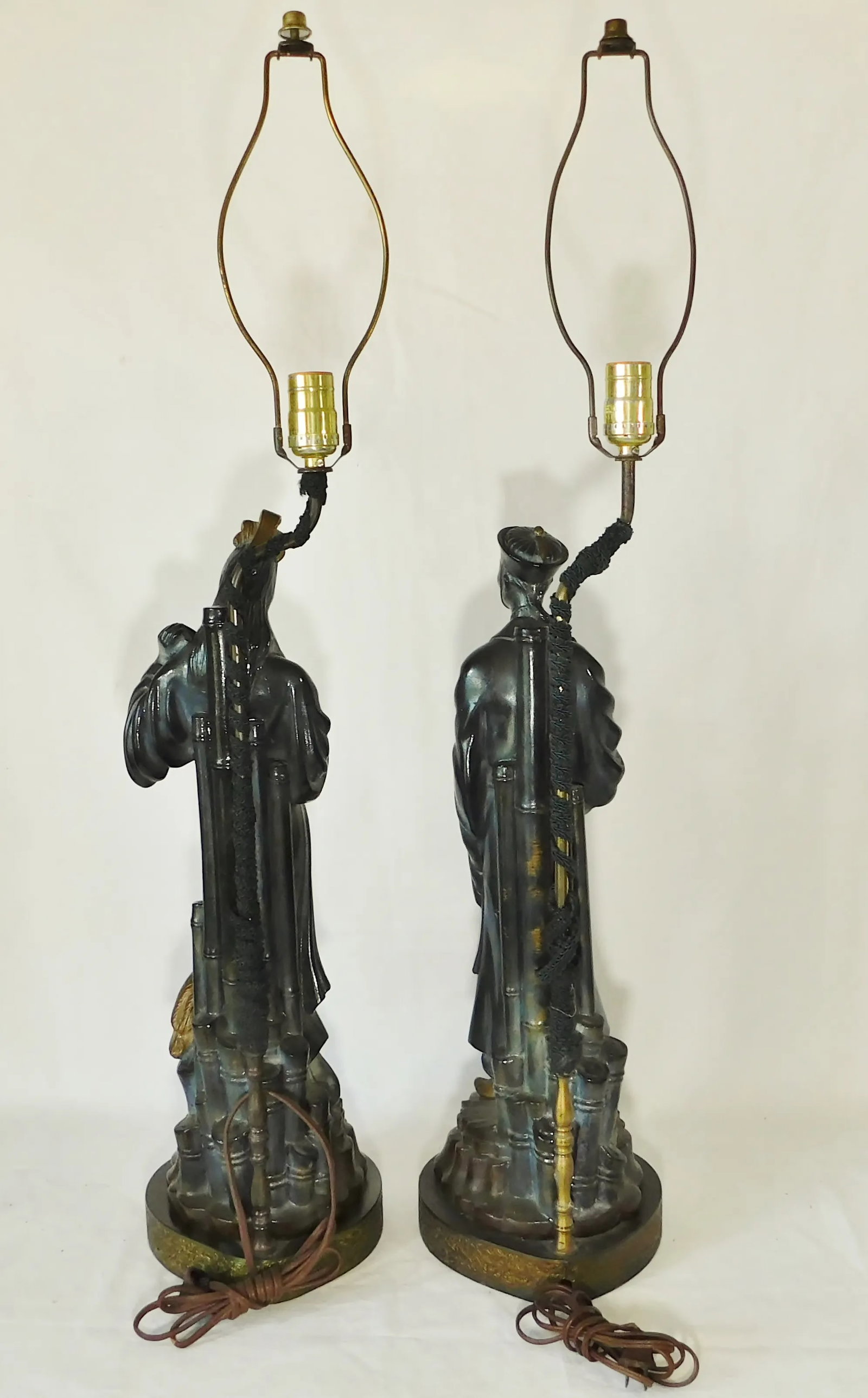 Large Pair Mid Century Asian Chinoiserie Figural Man Woman Table Lamps W/ Shades - 8