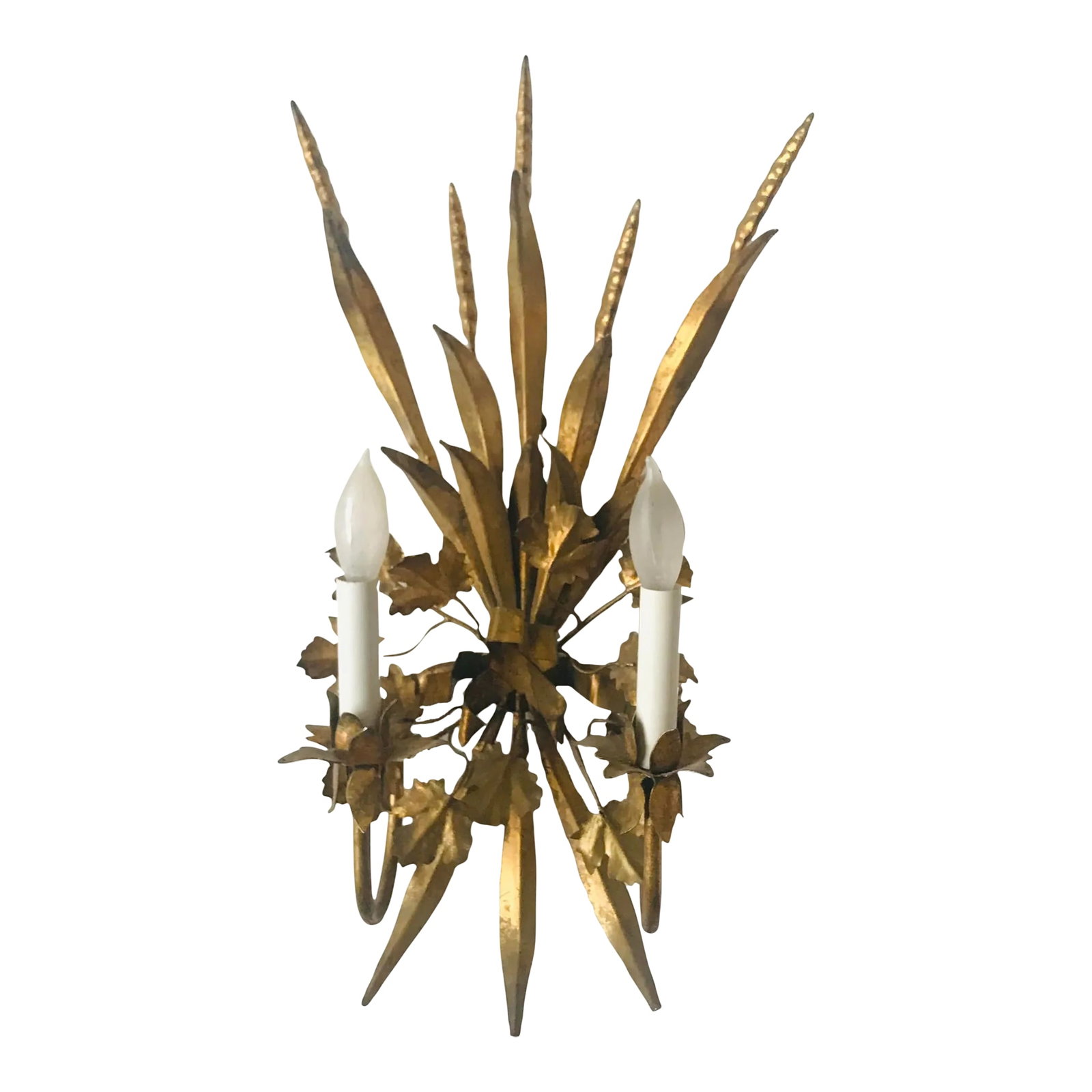 Mid 20th Century Vintage Hollywood Regency Gilt Tole Dual Sconce, Marked Hong Kong: We love the classic look of this gilt sconce, especially the beautiful subtle ribbon at the center. Marked hong kong on the back as pictured. Condition: Alterations: Original Condition Unaltered