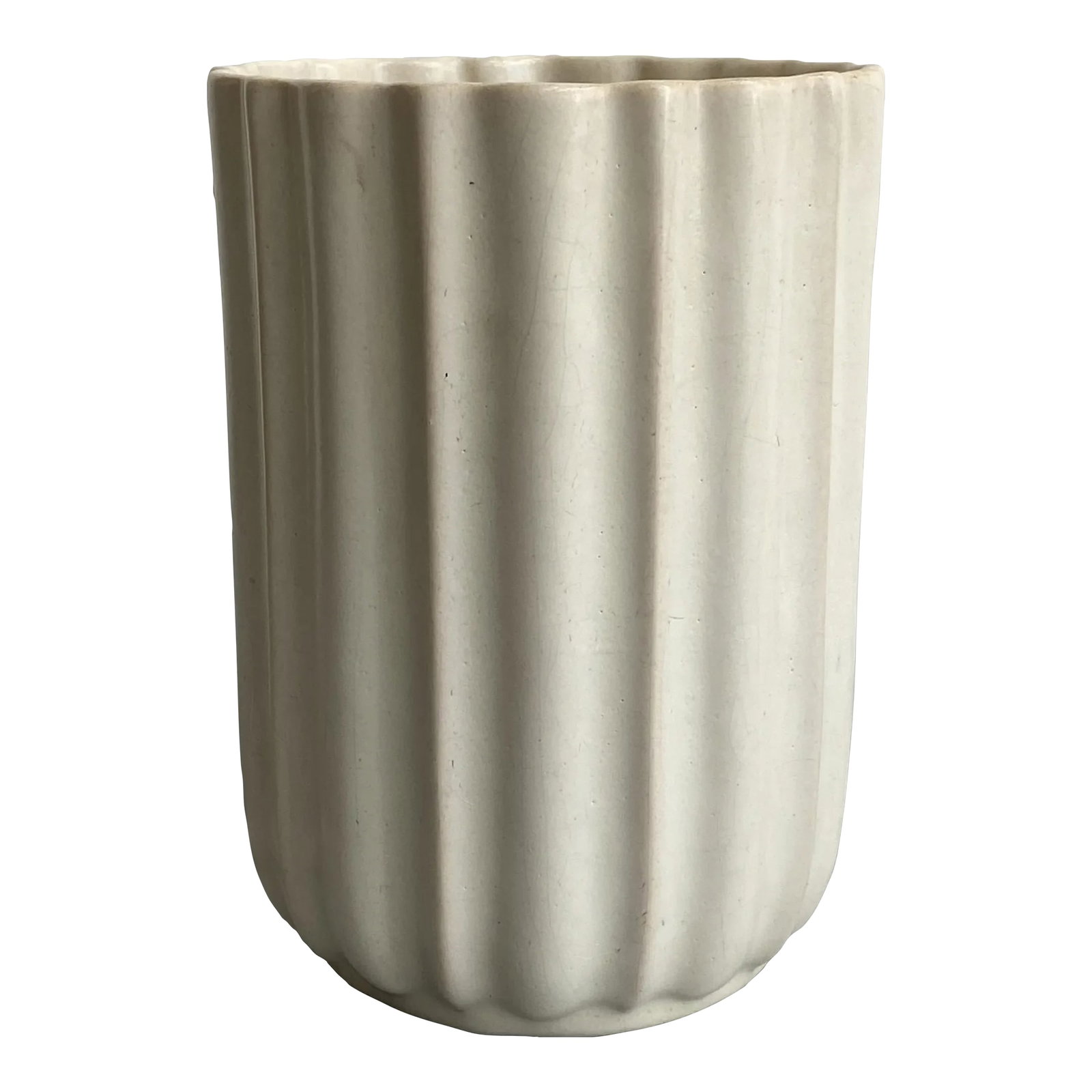 Modern Matte White Ceramic Vase: 1940's modern matte white ribbed ceramic vase. Condition: Alterations: Original Condition Unaltered Imperfections: Some Imperfections Condition Notes: In excellent condition. Wear consistent with age
