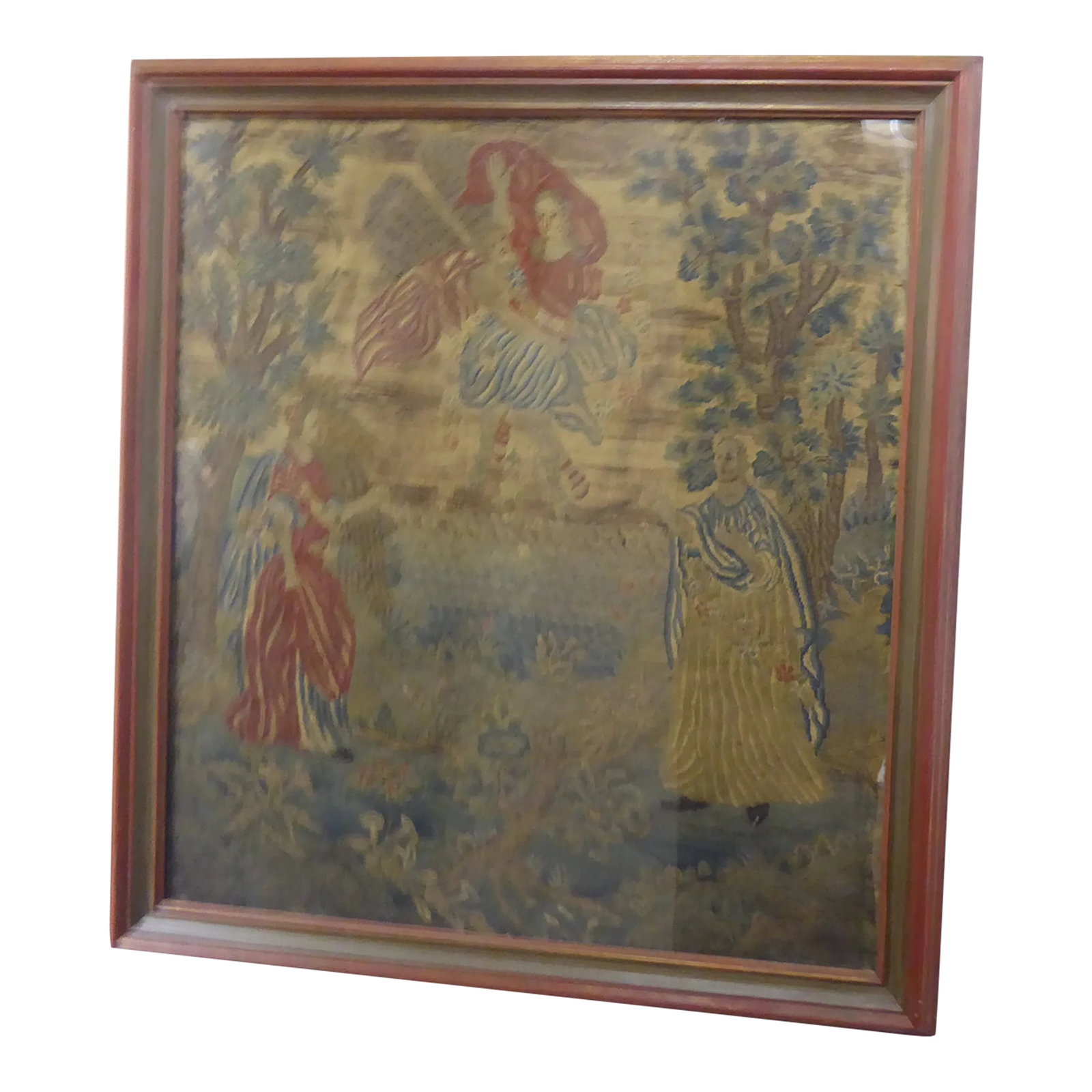 18th Century Continental Tapestry Fragment: 18th century Flemish Tapestry Fragment, framed, 30.5"H x 27.5"W. Condition: Alterations: Unknown Imperfections: Some Imperfections Condition Notes: Good, worn textile, frame in excellent condition