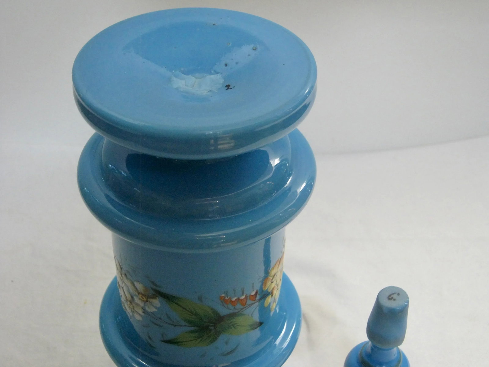 Antique French Hand Painted Blue Opaline Decanter - 10