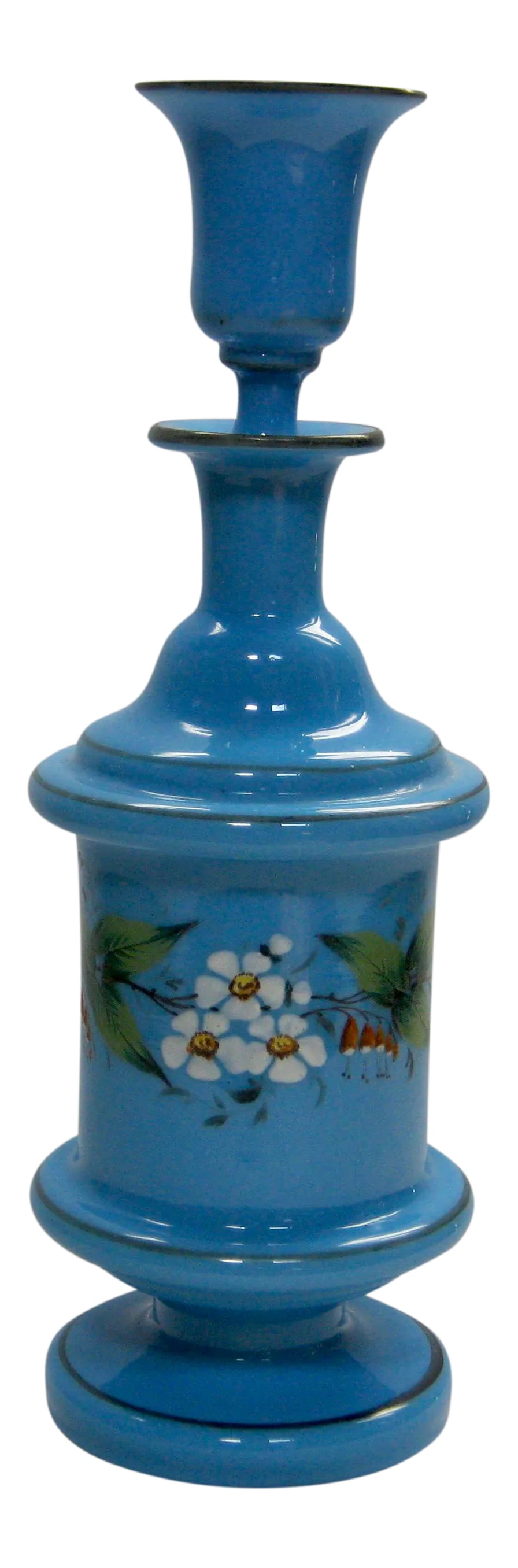 Antique French Hand Painted Blue Opaline Decanter: Antique Victorian rare hand blown hand painted French blue opaline floral decanter with cordial stopper. Bottom has dimple pontil which signifies its importance , signed with style # 2. Cordial cup st