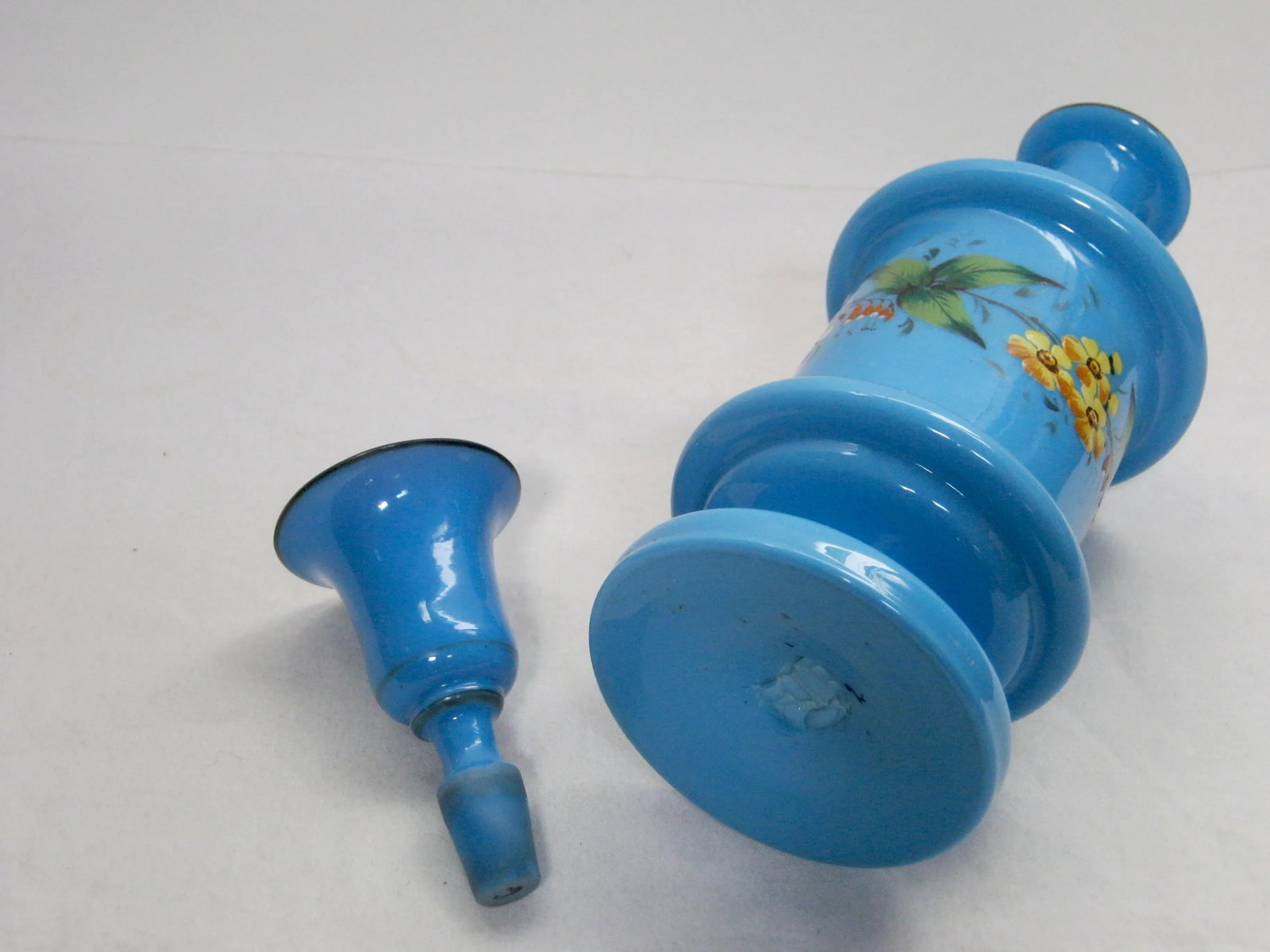 Antique French Hand Painted Blue Opaline Decanter - 7