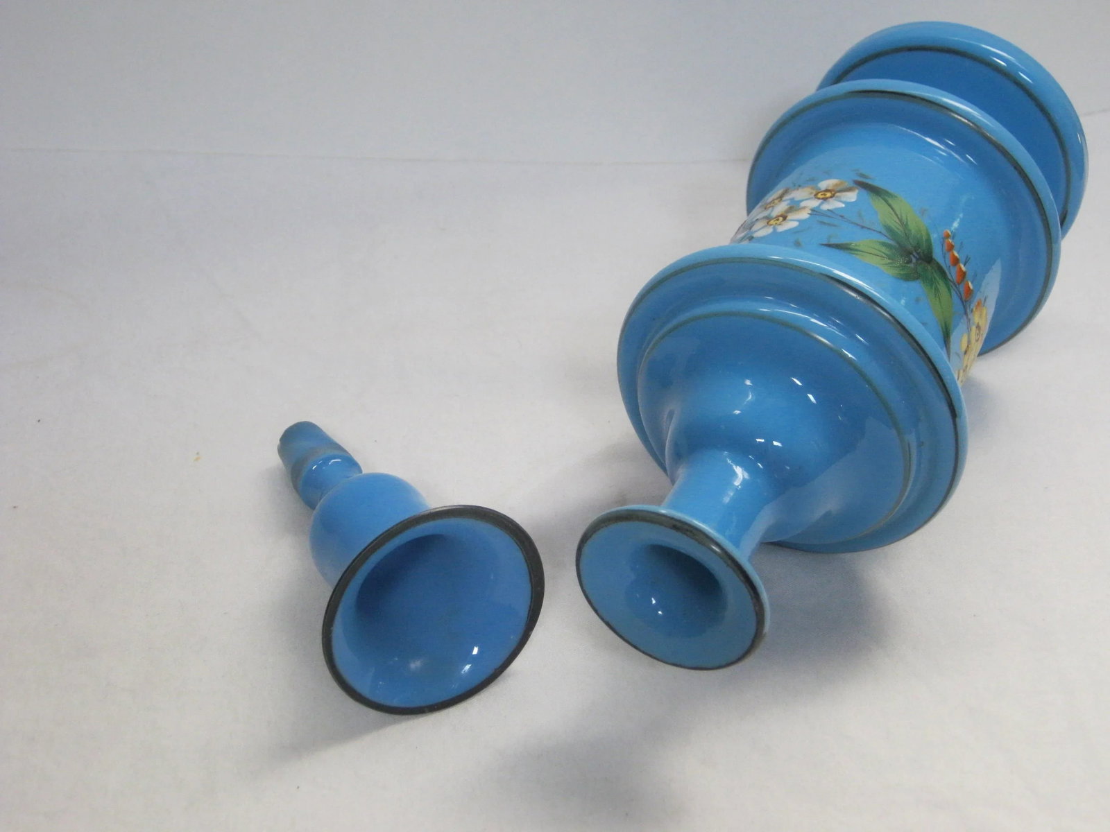 Antique French Hand Painted Blue Opaline Decanter - 9