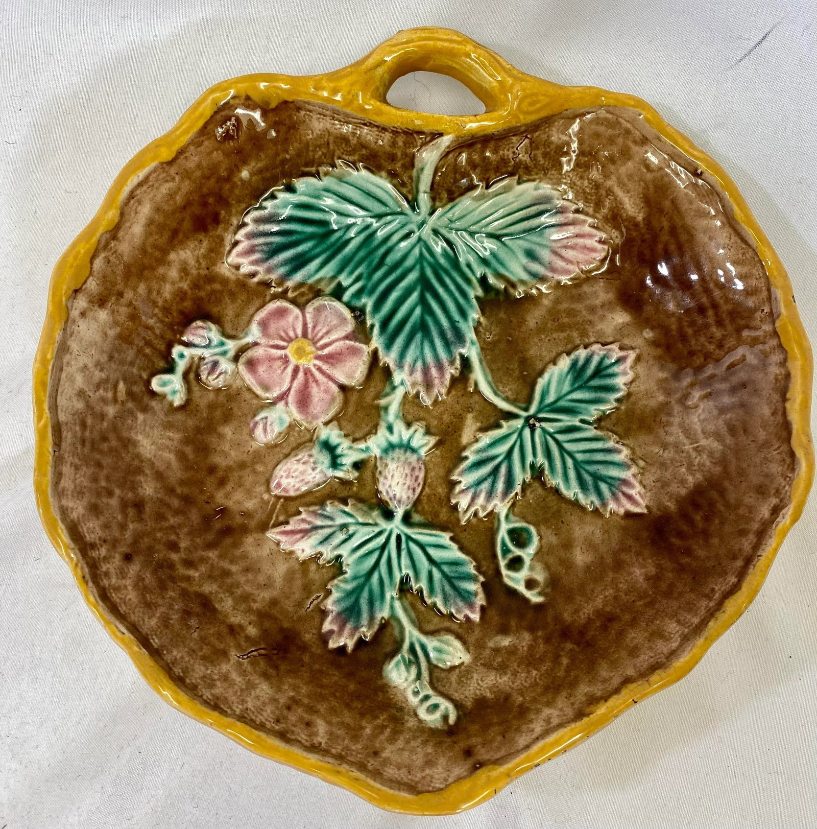 Antique Leaf Shaped Majolica Serving Dish /Plate Decorated With Strawberries & Foliage With Twig Han - 10