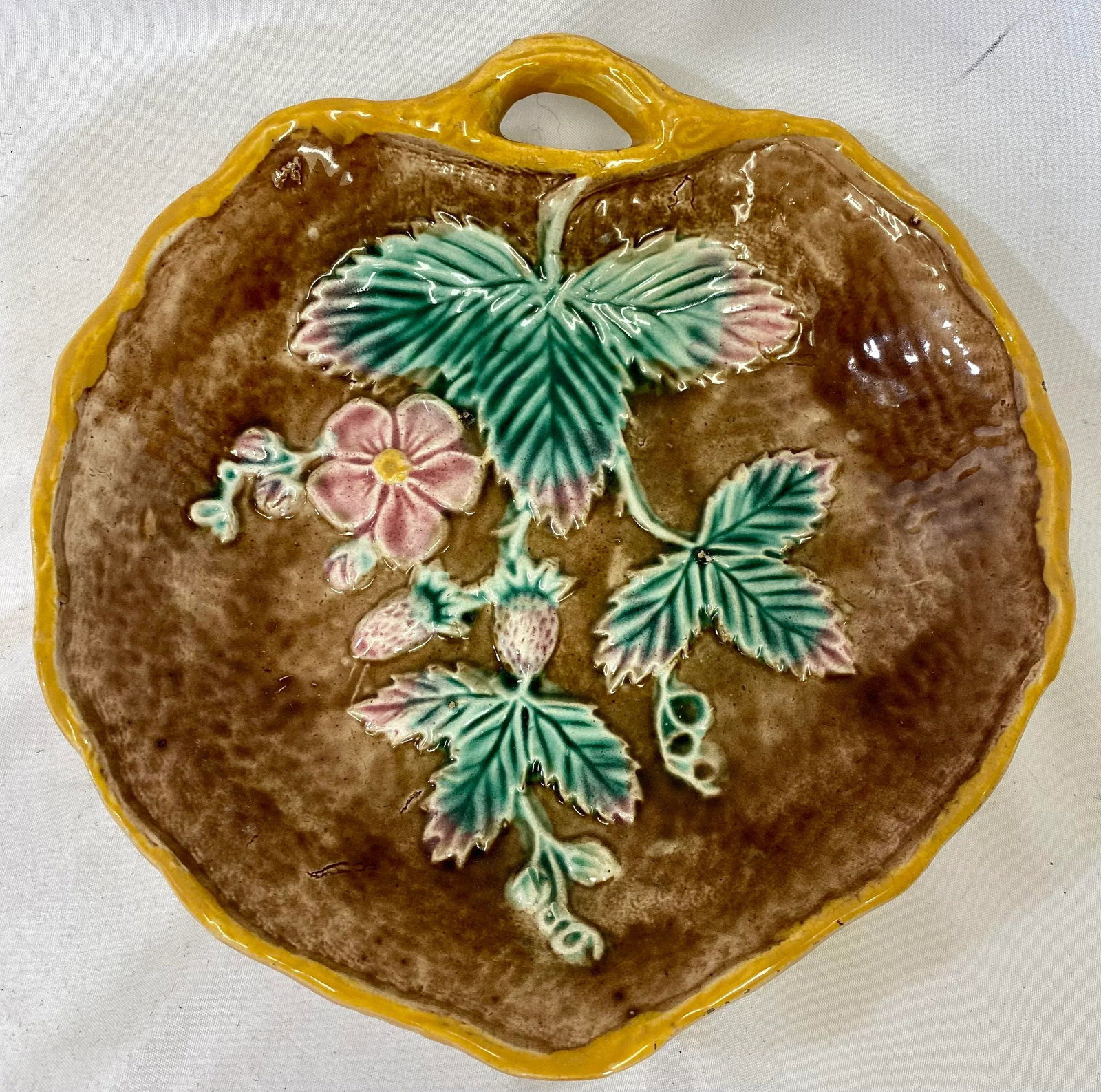 Antique Leaf Shaped Majolica Serving Dish /Plate Decorated With Strawberries & Foliage With Twig Han - 11