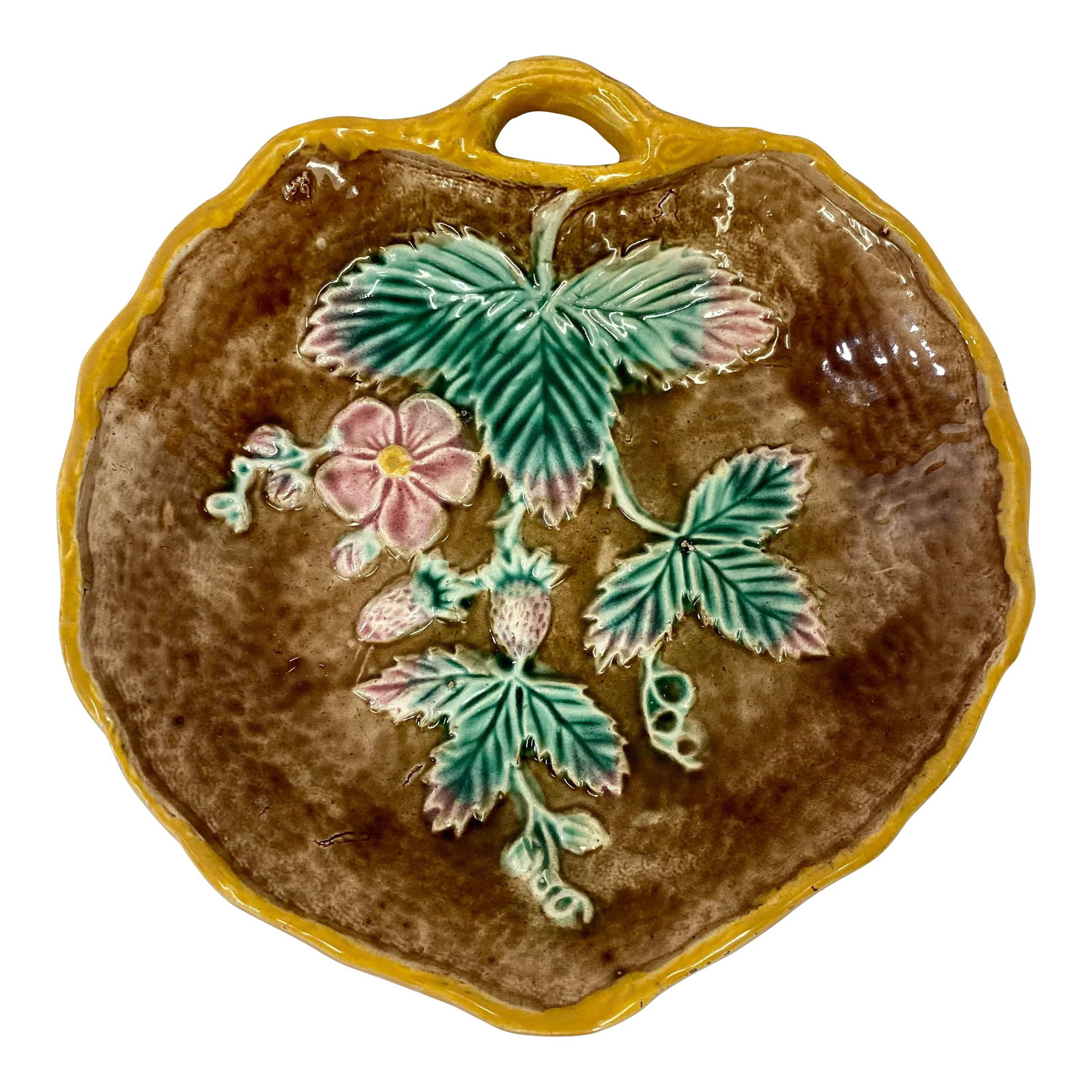 Antique Leaf Shaped Majolica Serving Dish /Plate Decorated With Strawberries & Foliage With Twig Han: Antique Leaf Shaped Majolica Serving Dish /Plate Decorated With Strawberries & Foliage With Twig Handle - Circa 19th Century. Measures 9" W x 8 7/8" D x 1 5/8" t Condition: Alterations: Original Condi