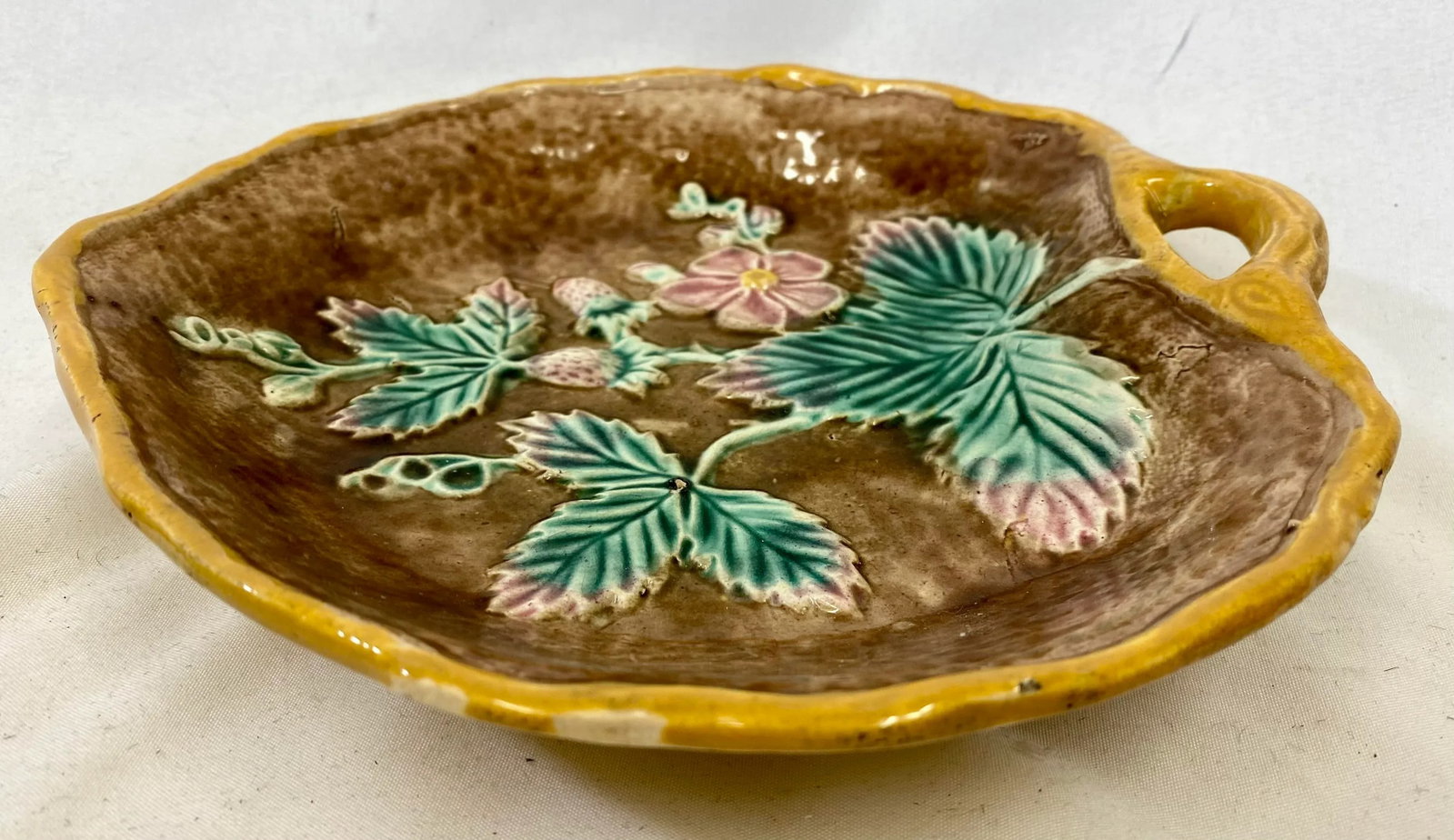 Antique Leaf Shaped Majolica Serving Dish /Plate Decorated With Strawberries & Foliage With Twig Han - 5